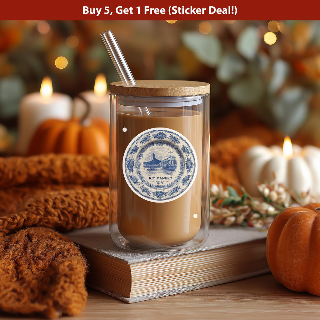 Rio Brazil Sticker Vintage Delft style, Delftware Decal Waterproof Vinyl, Blue City Travel