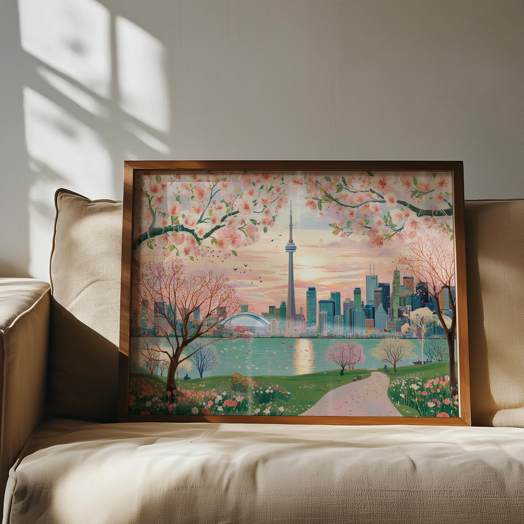 Toronto Spring Wall Art, Cherry Blossom Floral Canada Travel Gift Decor Large Print Painting
