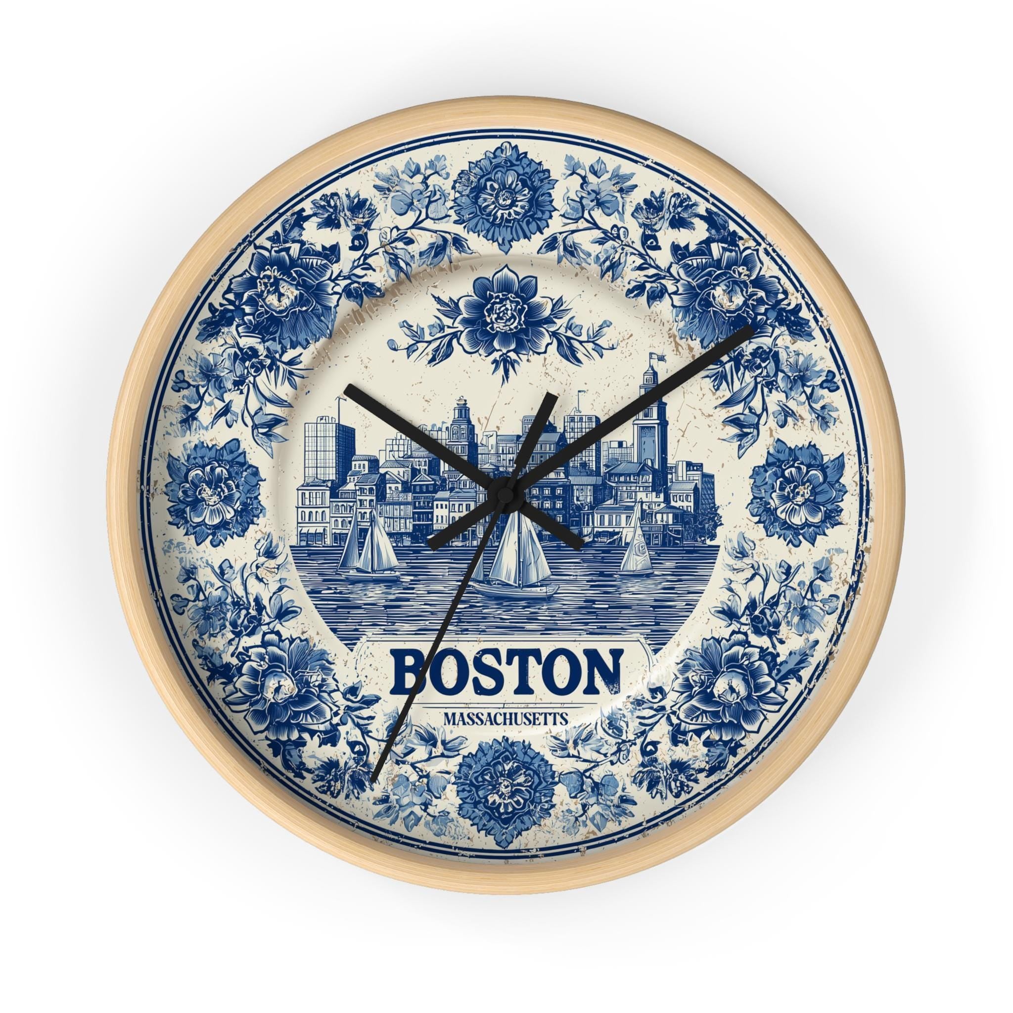 Boston Massachusetts Wall Clock, Delf style Home Decor, Vintage City Travel Keepsake Art