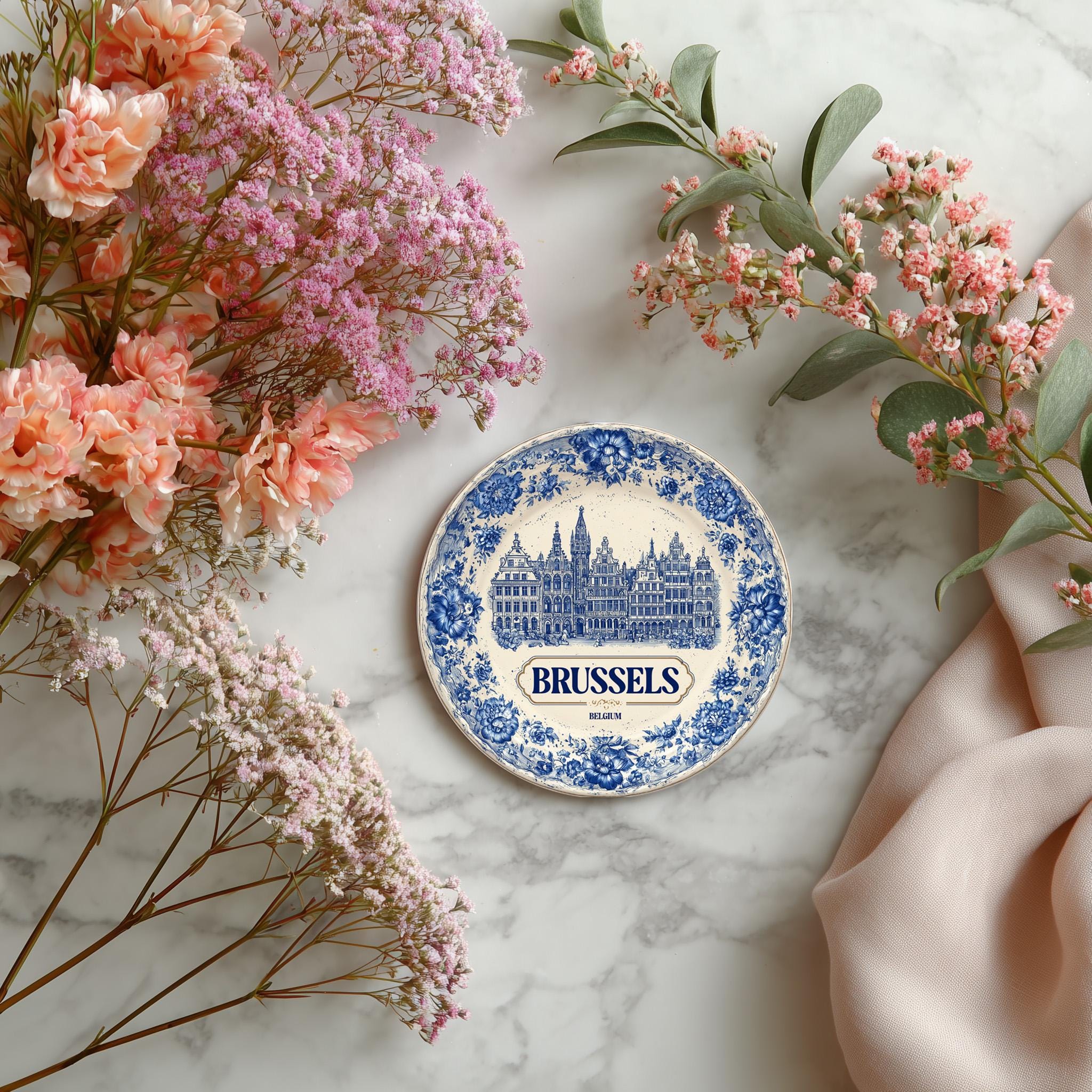 Brussels Belgium Delftware Ceramic Coaster, Blue White Travel Gift, Vintage Home Decor Collectible