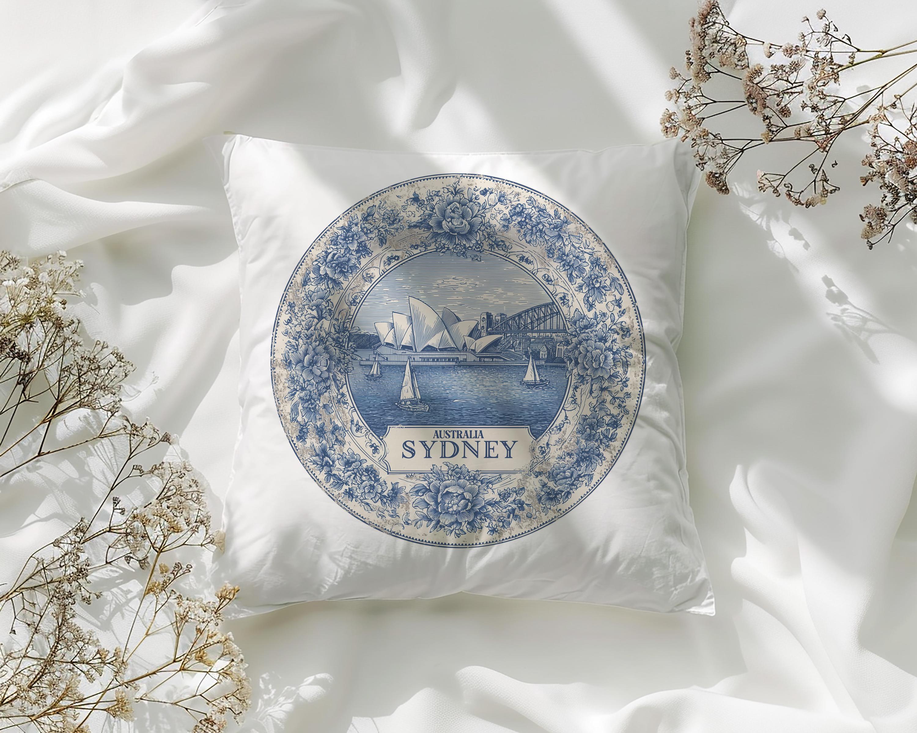 Sydney Australia Pillowcase, Delft Style Decorative Throw Pillow, Vintage Cityscape Retro Home Decor