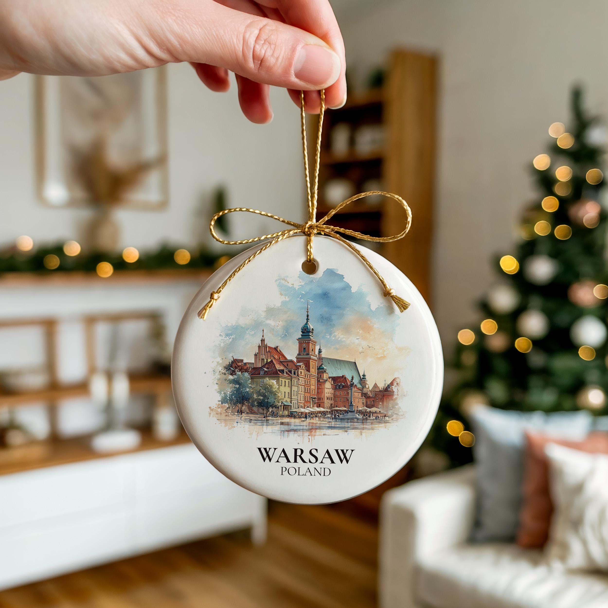 Warsaw Poland Personalized Watercolor Ornament, Custom Ceramic Christmas gift, Travel Keepsake