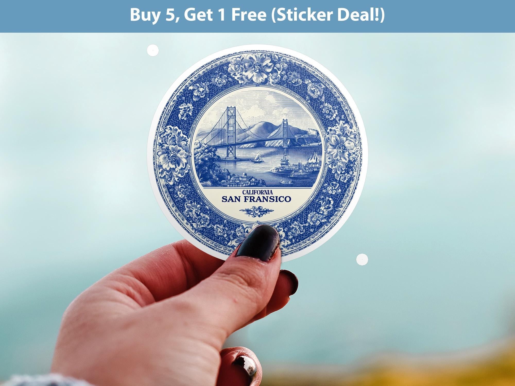 San Francisco California Sticker Vintage Delft style, Delftware Decal Waterproof Vinyl, Blue City Travel