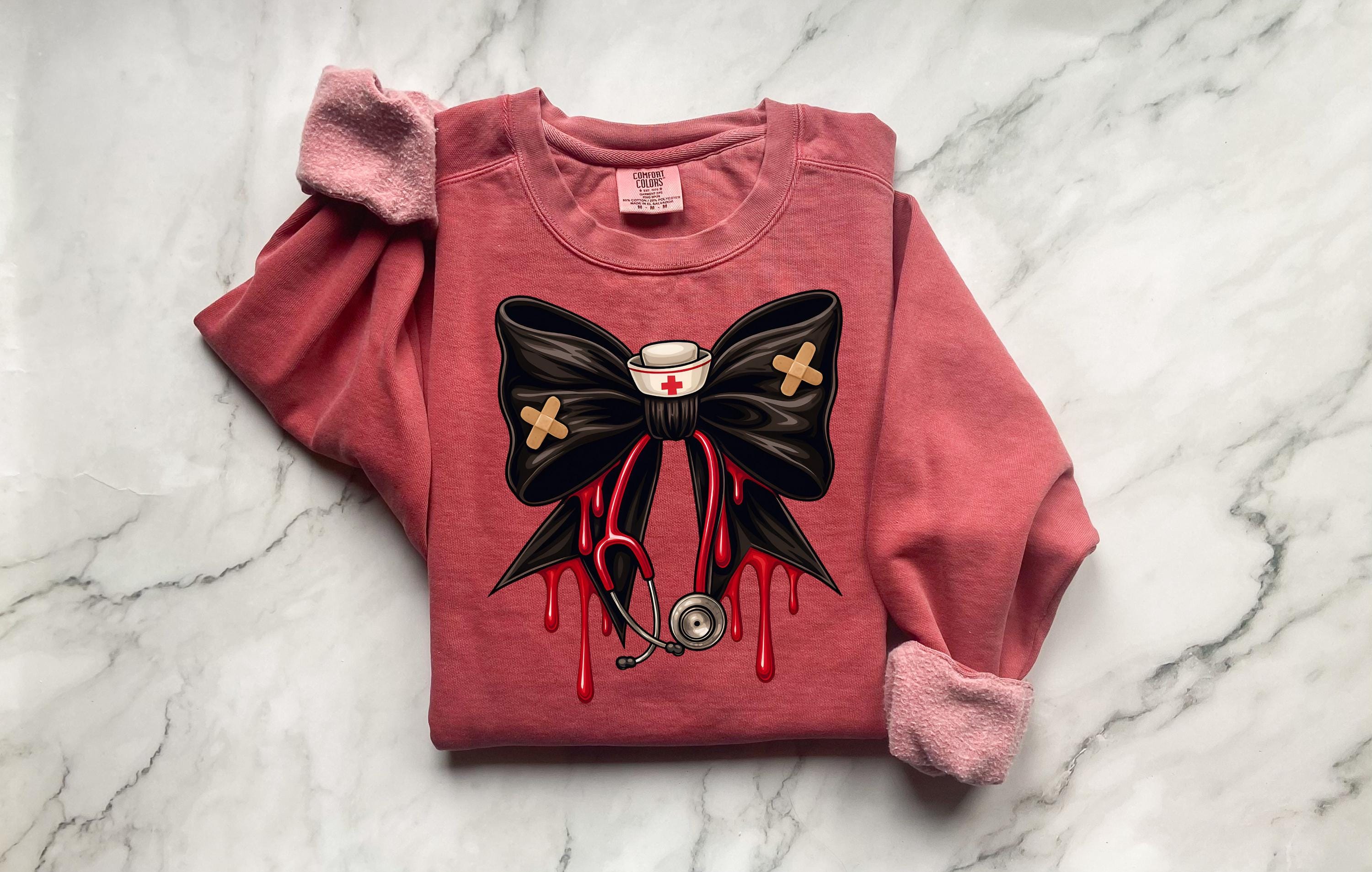 Spooky Nurse Bow Sweatshirt, Halloween Comfort Colors Crewneck, Creepy Cute RN Pullover with Blood Drip Bow, Nurse Gift for Fall