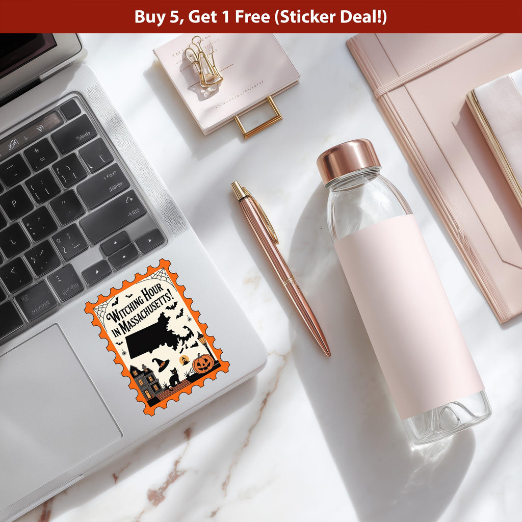 Massachusetts Stamp Halloween Sticker, Spooky USA Kiss-Cut Vinyl, Waterproof Decal, United States Travel