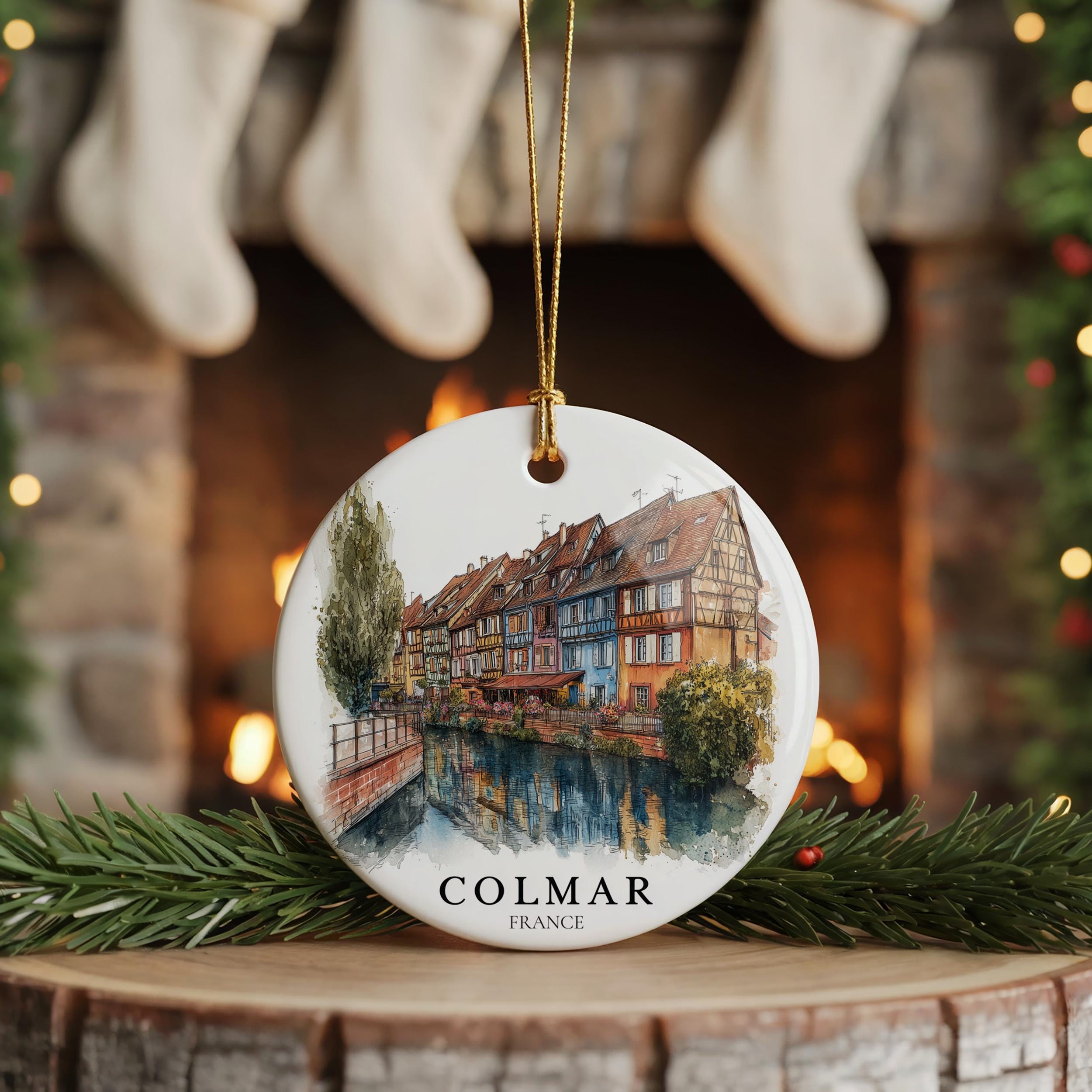 Colmar France Personalized Watercolor Ornament, Custom Ceramic Christmas gift, Travel Keepsake