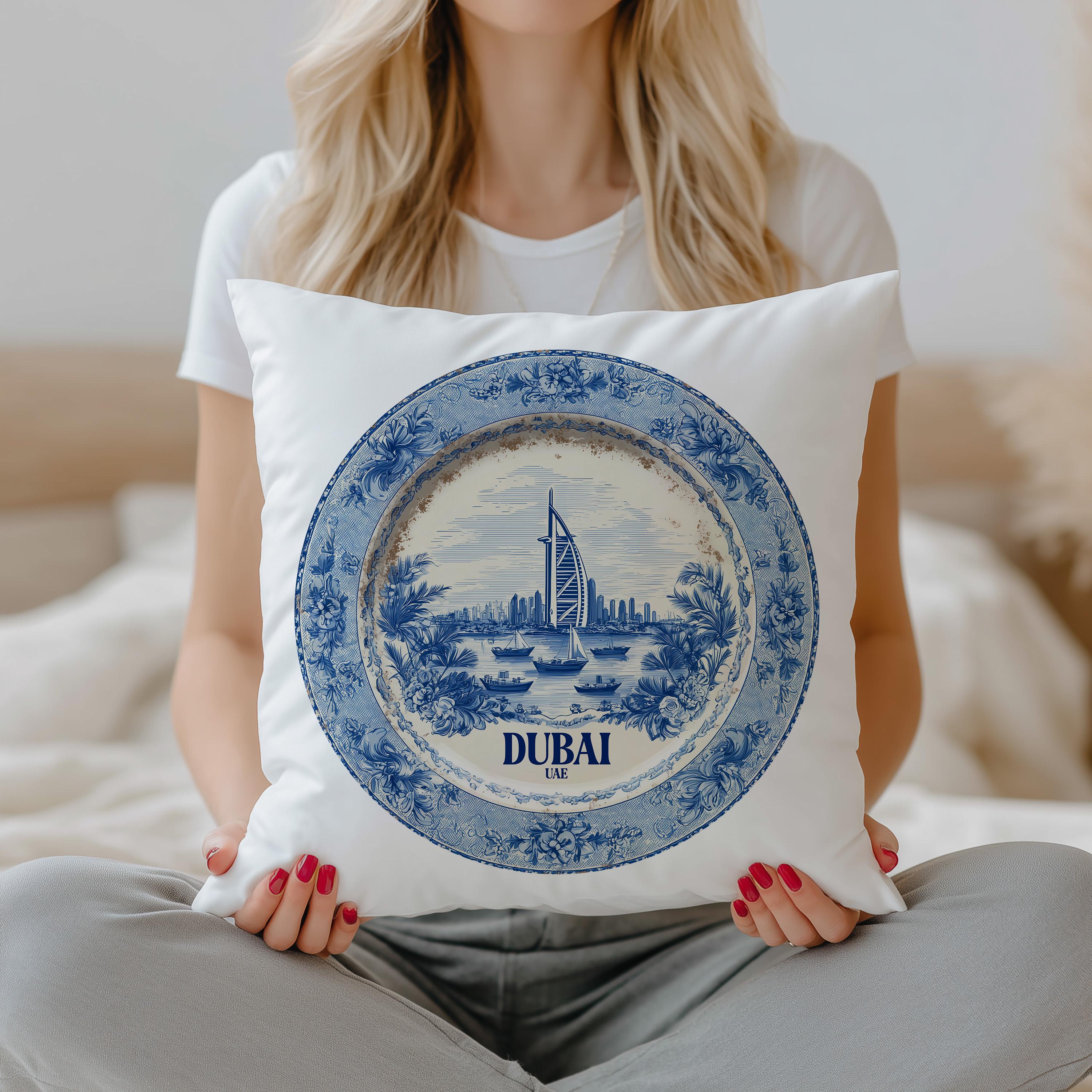Dubai UAE Pillowcase, Delft Style Decorative Throw Pillow, Vintage Cityscape Retro Home Decor