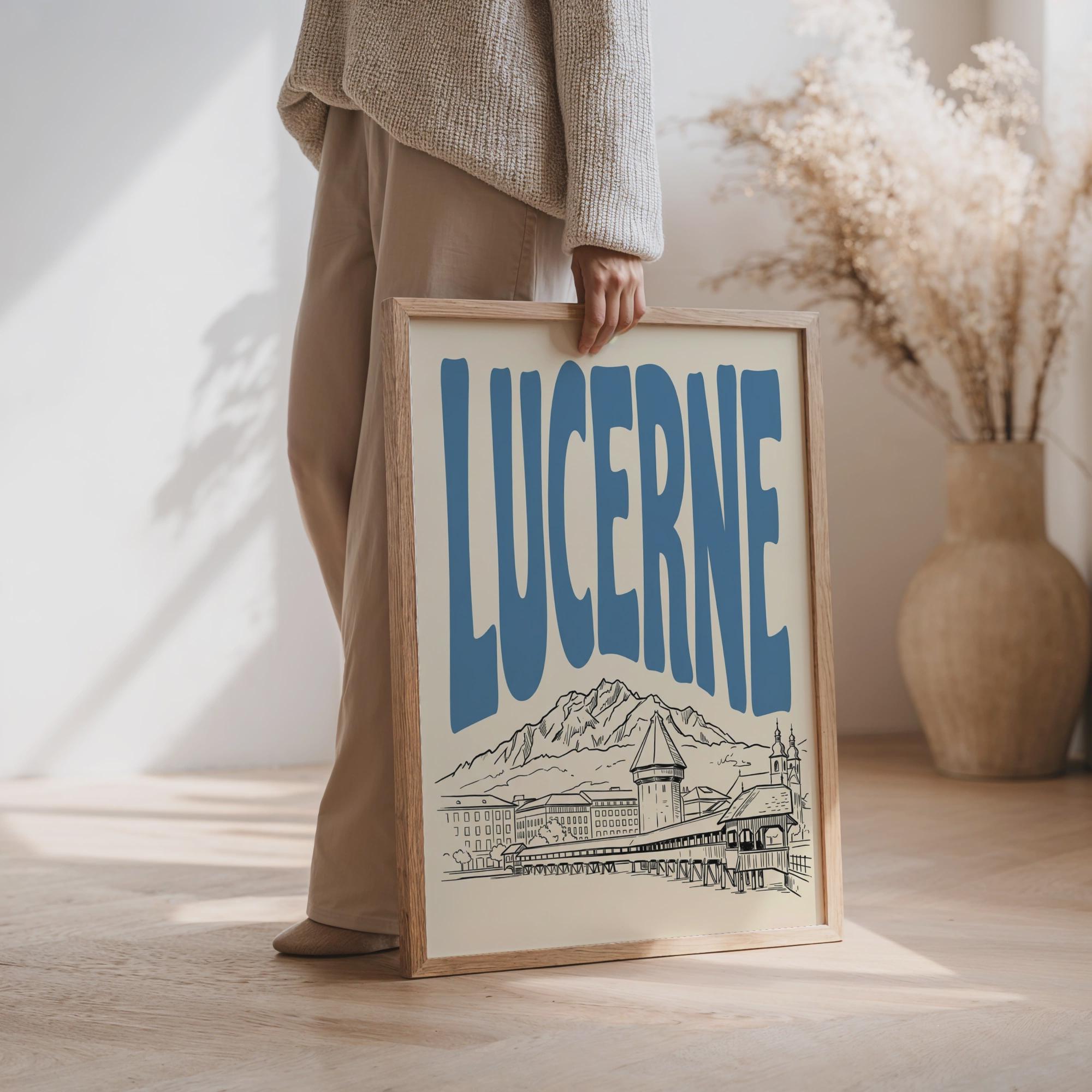 Lucerne Switzerland Wall Art, Framed Canvas Print, Minimalist Travel Decor