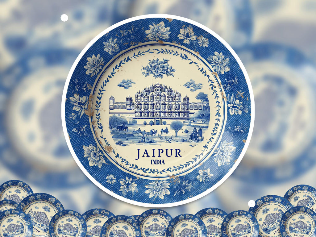 Jaipur India Sticker Vintage Delft style, Delftware Decal Waterproof Vinyl, Blue City Travel