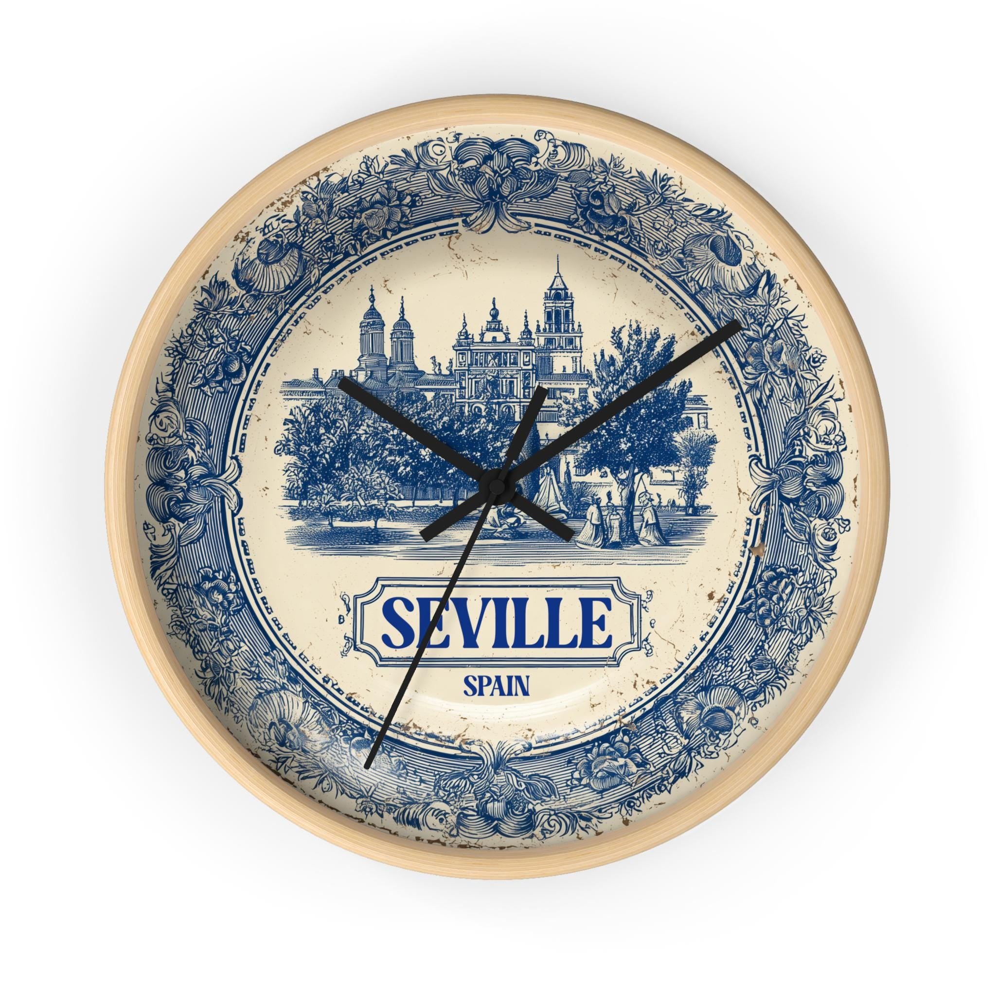 Seville Spain Wall Clock, Delf style Home Decor, Vintage City Travel Keepsake Art