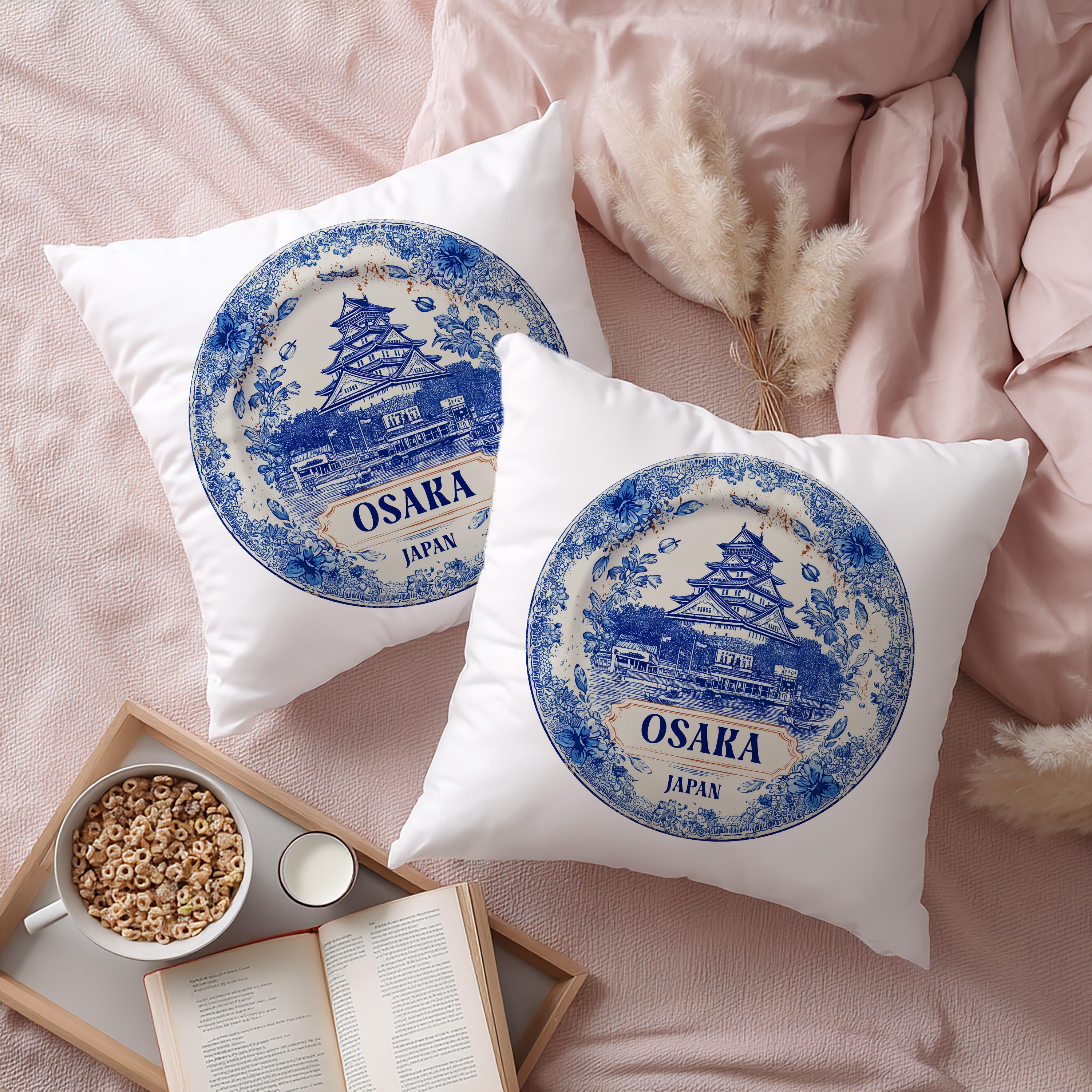 Osaka Japan Pillowcase, Delft Style Decorative Throw Pillow, Vintage Cityscape Retro Home Decor