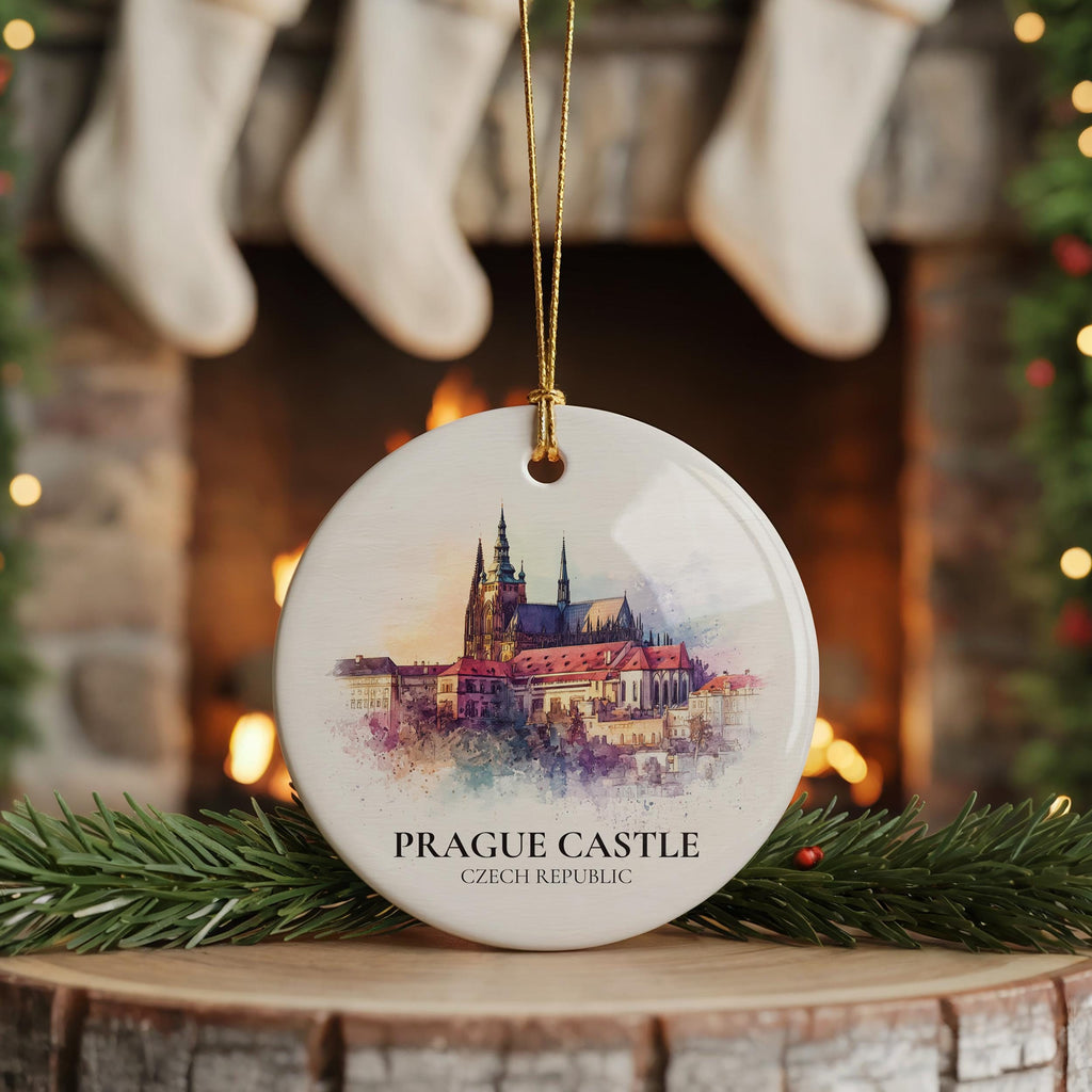 Prague Castle Czech Republic Personalized Watercolor Ornament, Custom Ceramic Christmas gift, Travel Keepsake