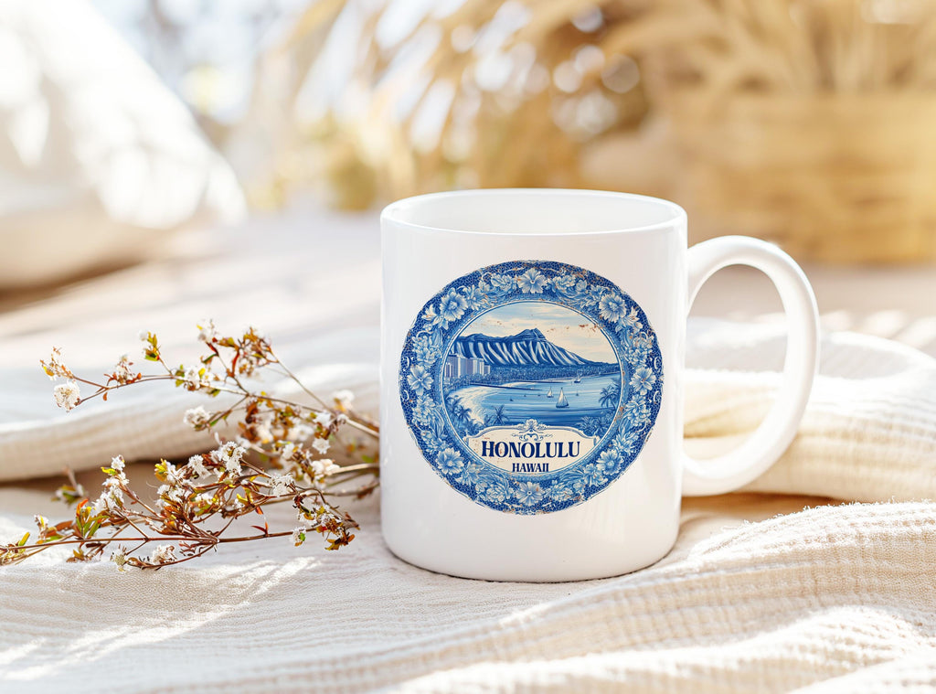 Honolulu Hawaii Mug, Custom Delft Style cup, Personalized Vintage Travel City Gift