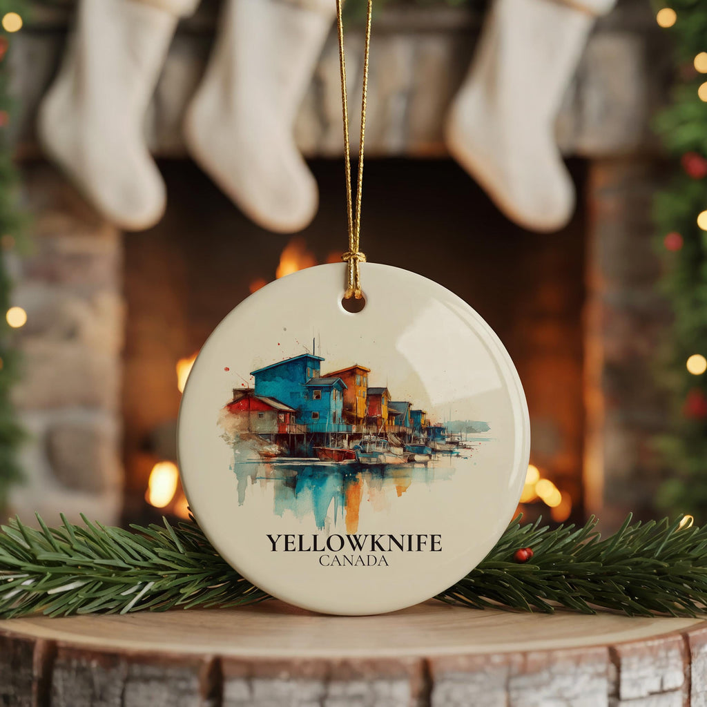 Yellowknife Canada Personalized Watercolor Ornament, Custom Ceramic Christmas gift, Travel Keepsake
