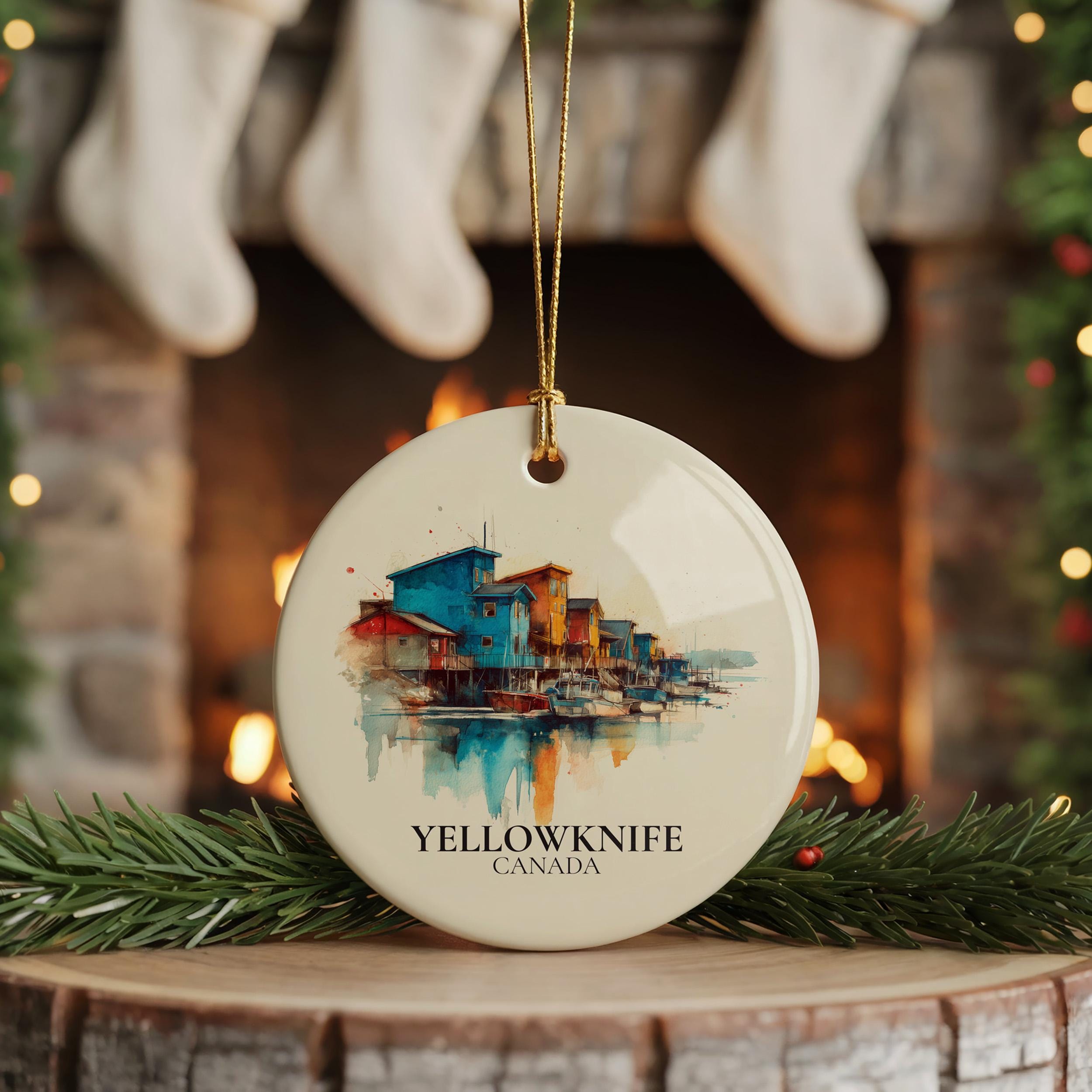 Yellowknife Canada Personalized Watercolor Ornament, Custom Ceramic Christmas gift, Travel Keepsake