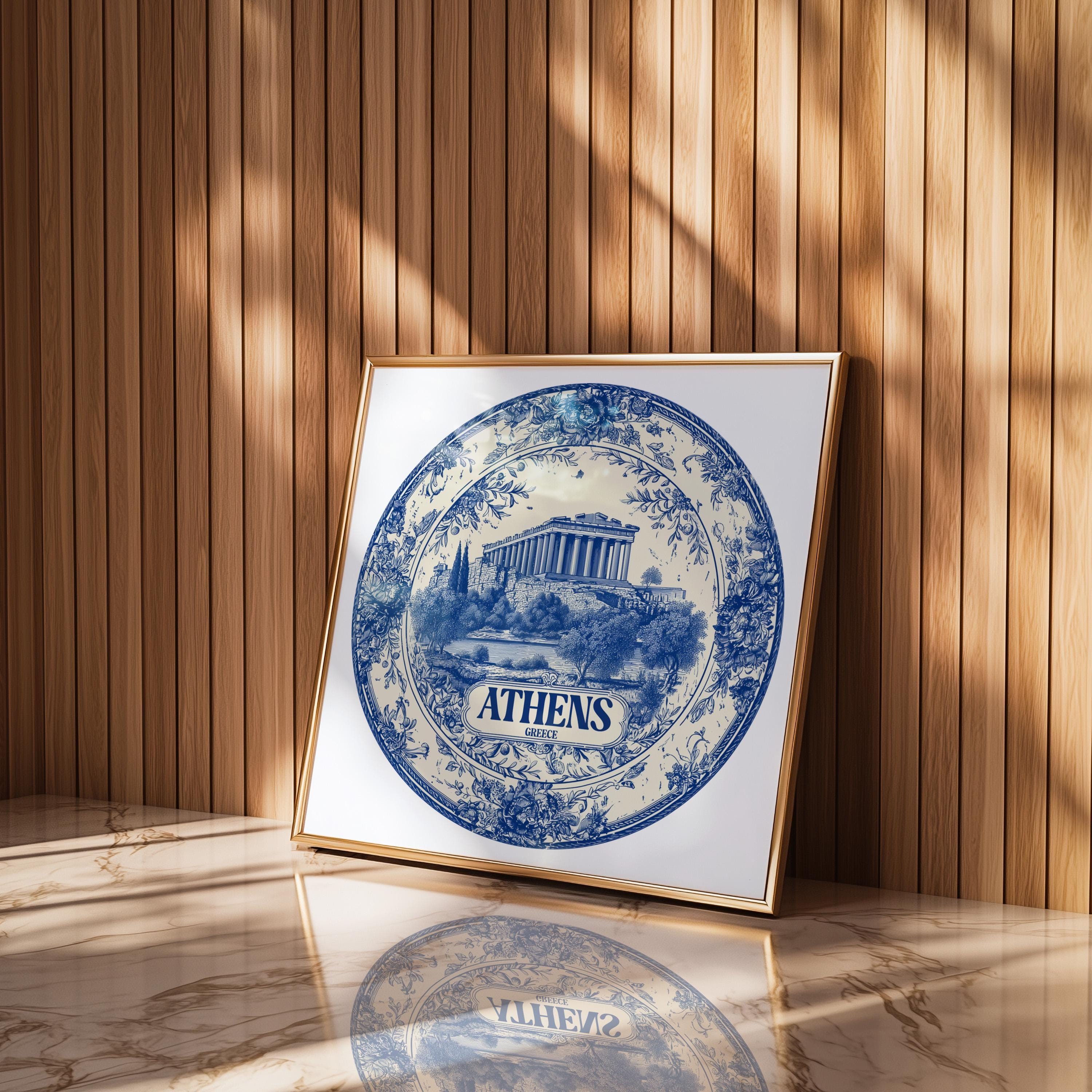 Athens Greece Wall Art, Vintage Delft Blue Poster, City Print, Travel Home Decor