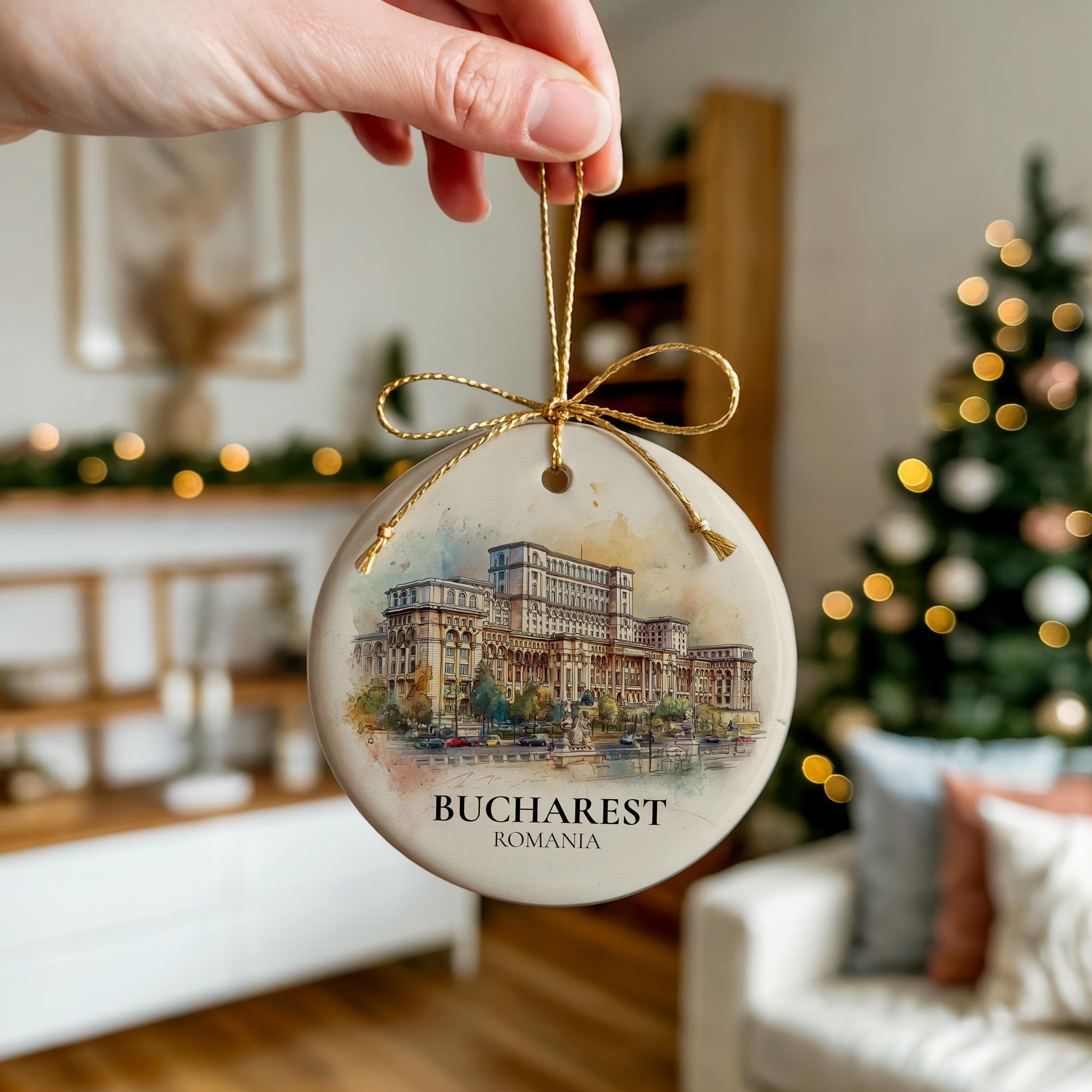 Bucharest Romania Personalized Watercolor Ornament, Custom Ceramic Christmas gift, Travel Keepsake