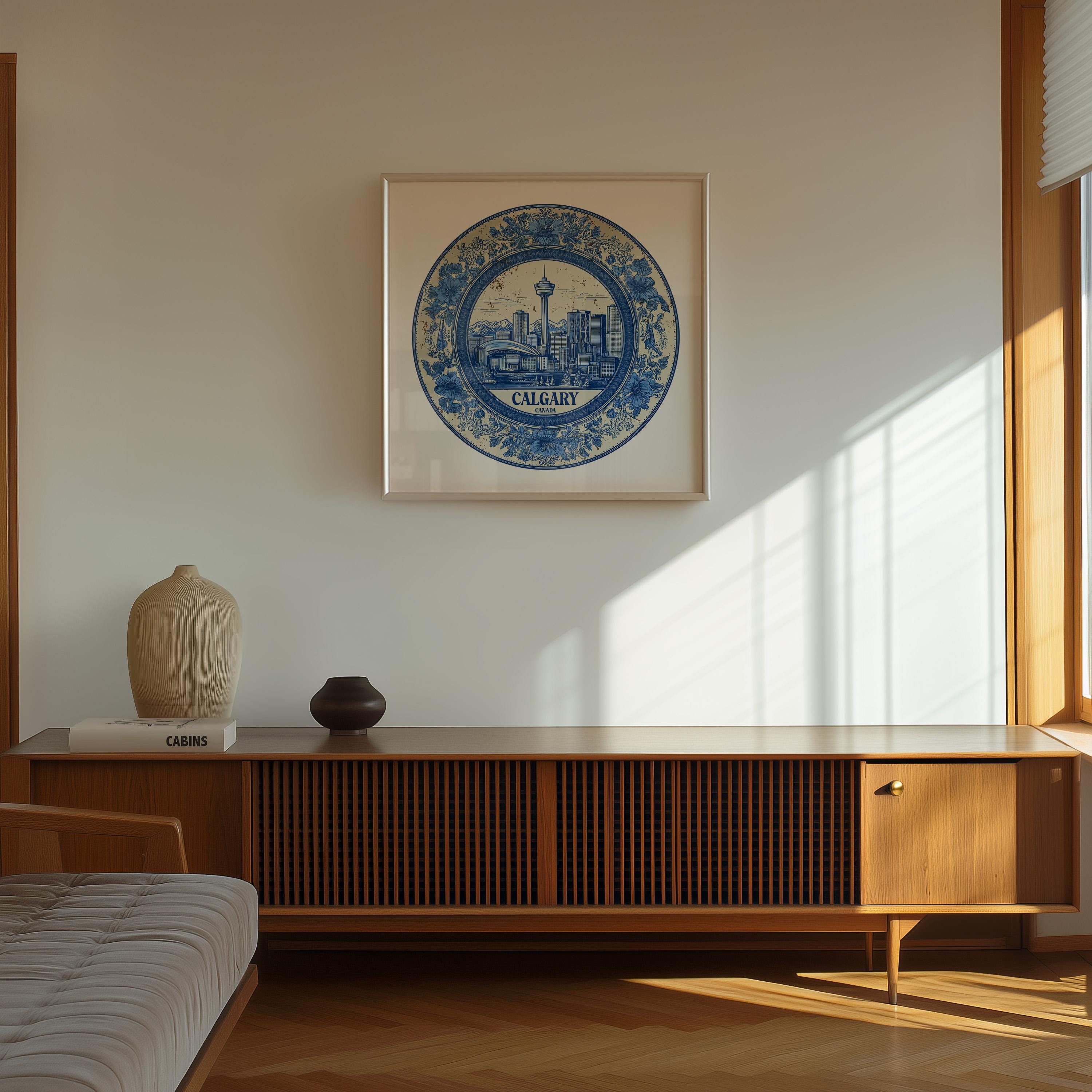 Calgary Canada Wall Art, Vintage Delft Blue Poster, City Print, Travel Home Decor