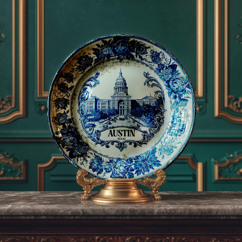 Austin Texas Decorative Plate, Delft Vintage Home Decor Personalized Gift Travel Housewarming