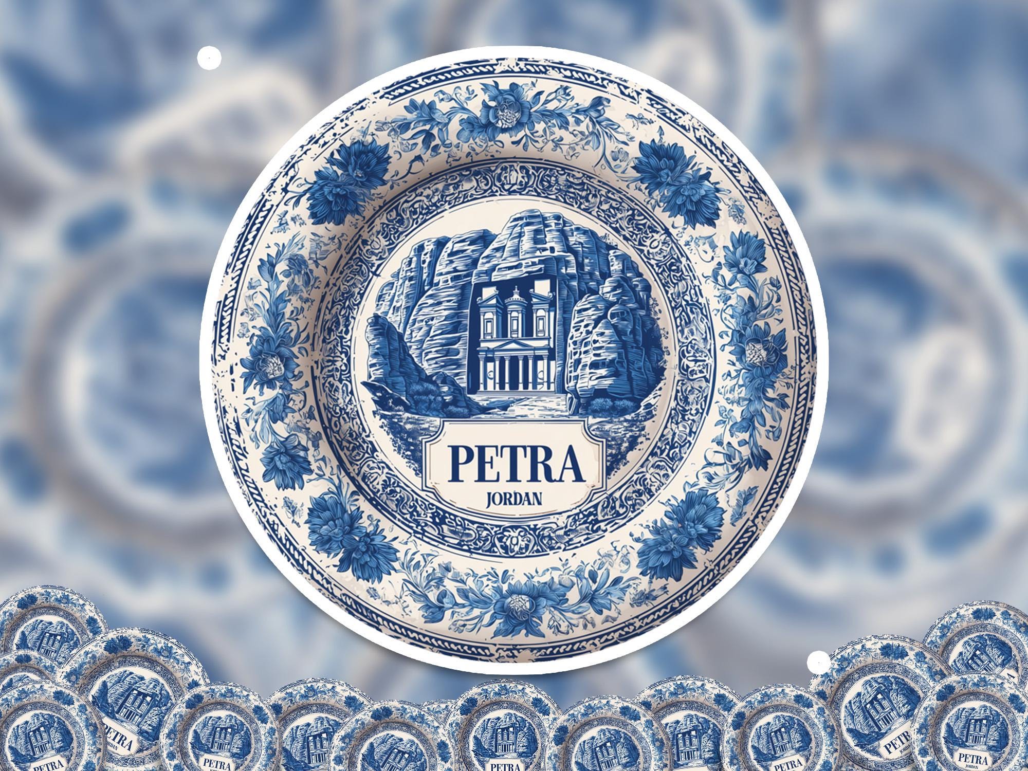 Petra Jordan Sticker Vintage Delft style, Delftware Decal Waterproof Vinyl, Blue City Travel