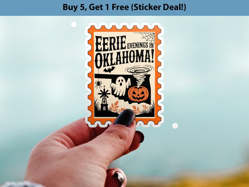 Oklahoma Stamp Halloween Sticker, Spooky USA Kiss-Cut Vinyl, Waterproof Decal, United States Travel
