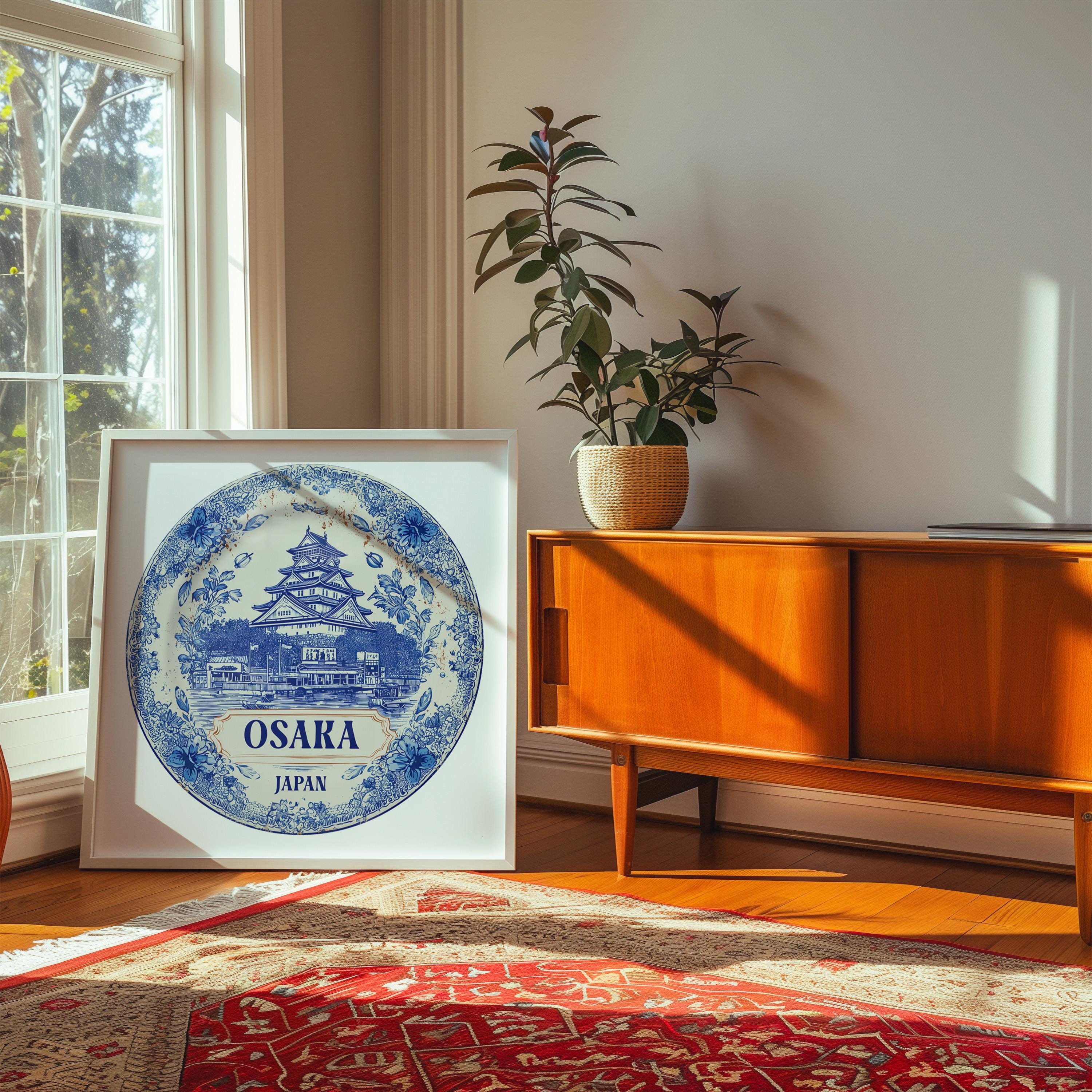 Osaka Japan Wall Art, Vintage Delft Blue Poster, City Print, Travel Home Decor