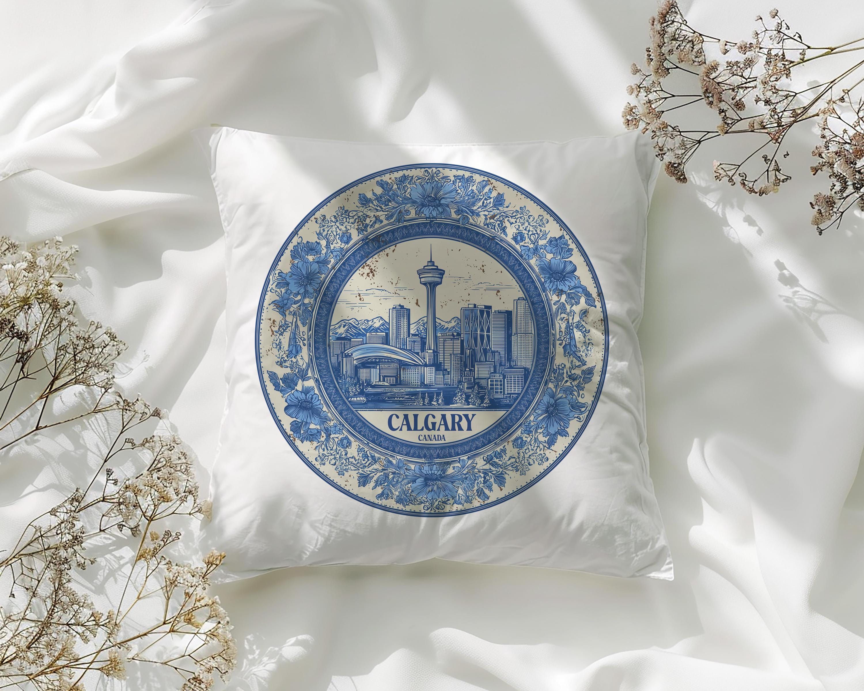 Calgary Canada Pillowcase, Delft Style Decorative Throw Pillow, Vintage Cityscape Retro Home Decor