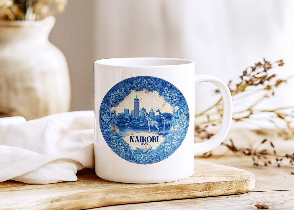 Nairobi Kenya Mug, Custom Delft Style cup, Personalized Vintage Travel City Gift