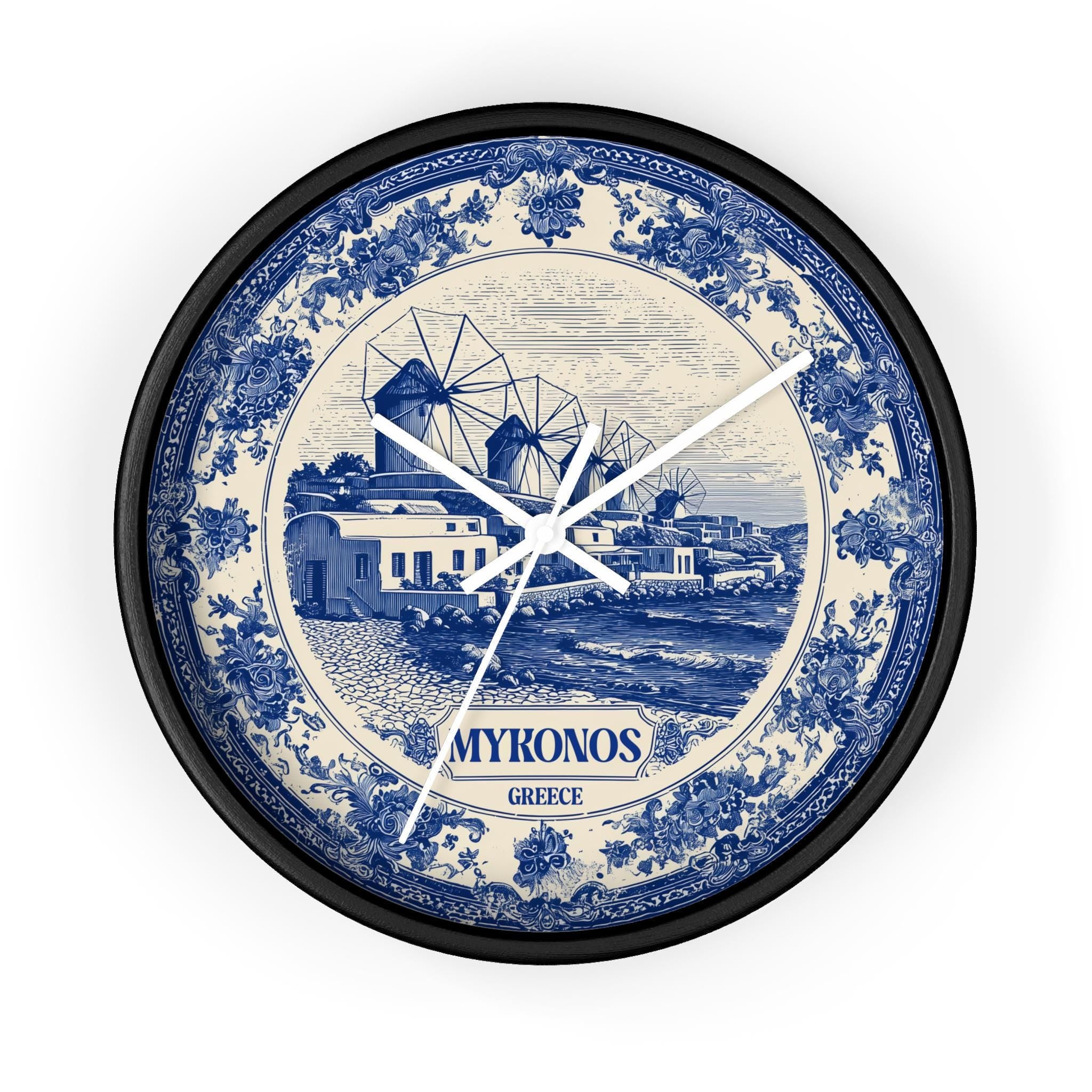 Mykonos Greece Wall Clock, Delf style Home Decor, Vintage City Travel Keepsake Art