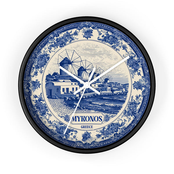 Mykonos Greece Wall Clock, Delft style Home Decor, Vintage City Travel Keepsake Art