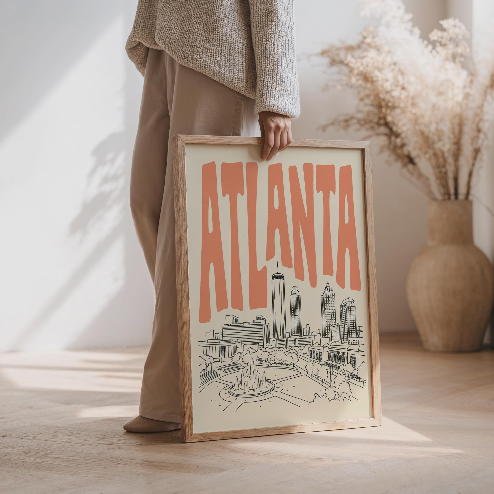Atlanta Skyline Wall Art, Framed Canvas Print, Retro City Line Art Decor