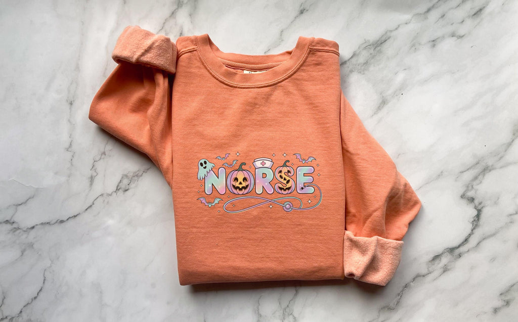 Halloween Nurse Comfort Colors Sweatshirt, Cute RN Crewneck Pullover, Spooky Ghost Pumpkin Candy Letters, Fall Nurse Gift