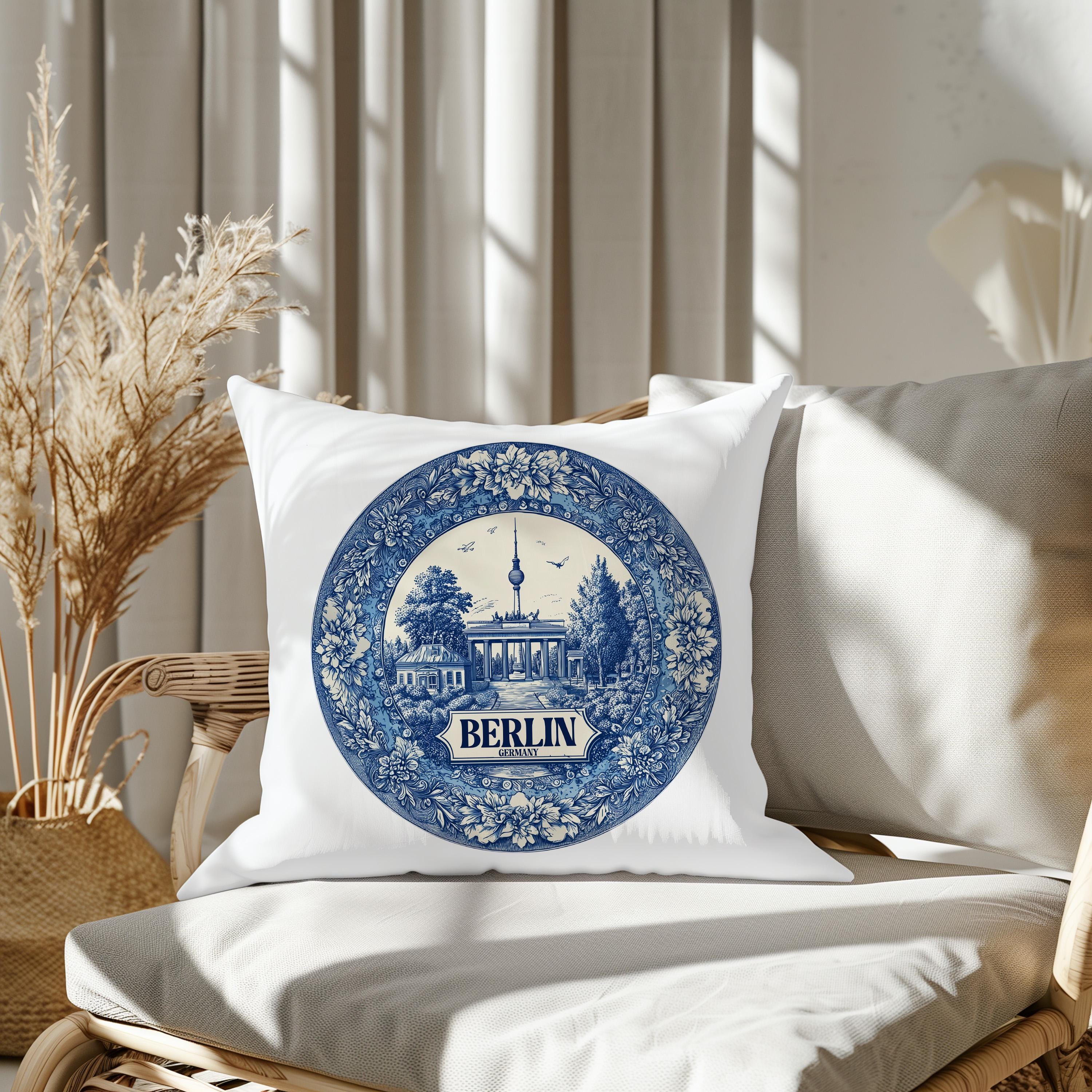 Berlin Germany Pillowcase, Delft Style Decorative Throw Pillow, Vintage Cityscape Retro Home Decor