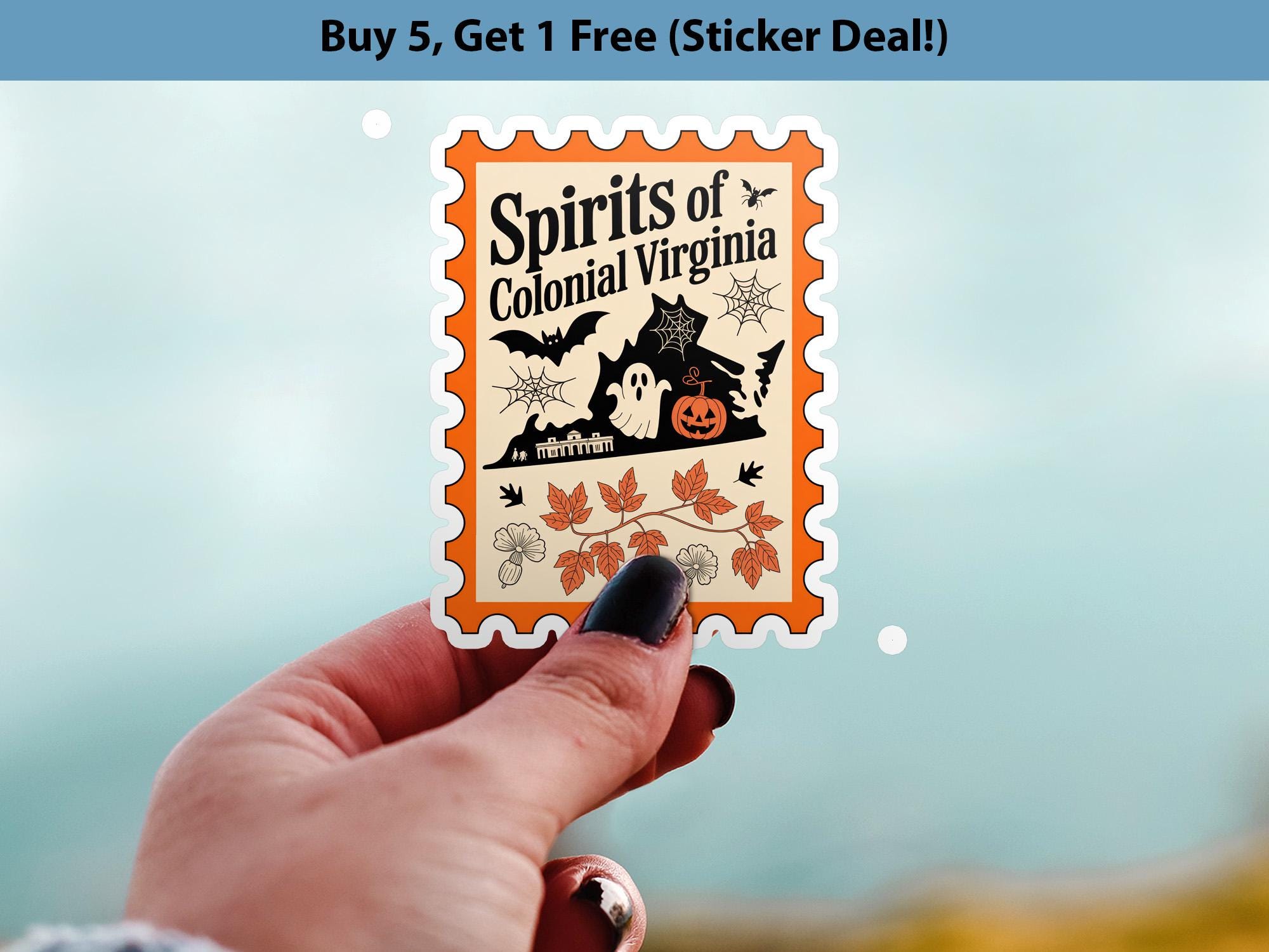 Virginia Stamp Halloween Sticker, Spooky USA Kiss-Cut Vinyl, Waterproof Decal, United States Travel