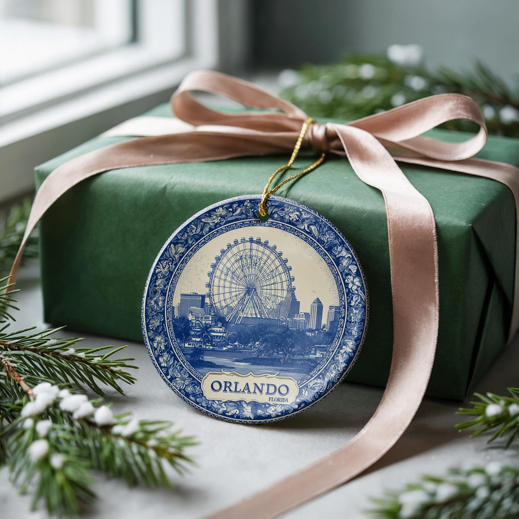 Custom Orlando Florida Ceramic Delft Ornament, Christmas Delftware Blue Delftware city travel