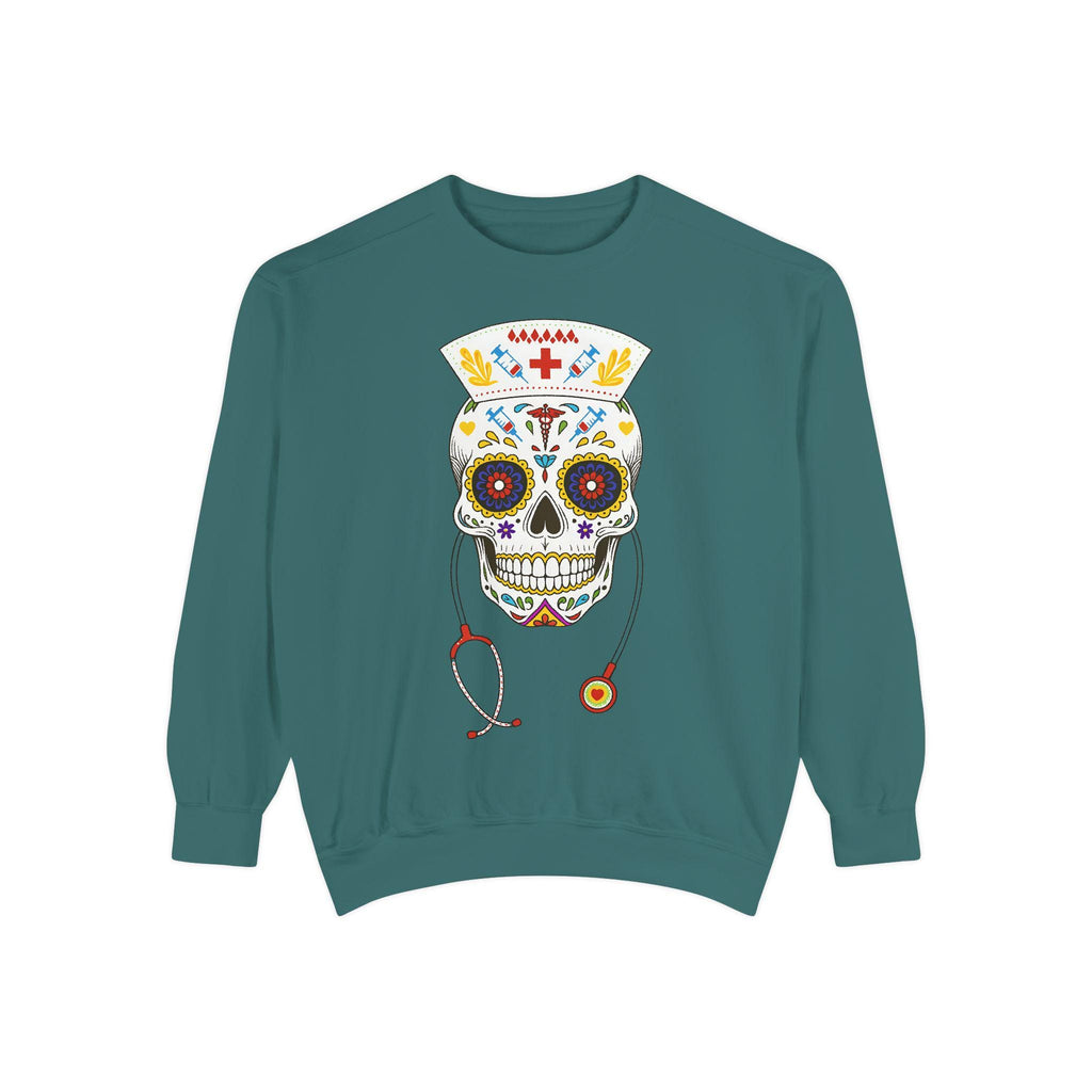 Halloween Nurse Skull Sweatshirt, Spooky RN Day of the Dead Top, Gothic Medical Fall Pullover, Retro Skeleton Apparel, Gift for Nurse