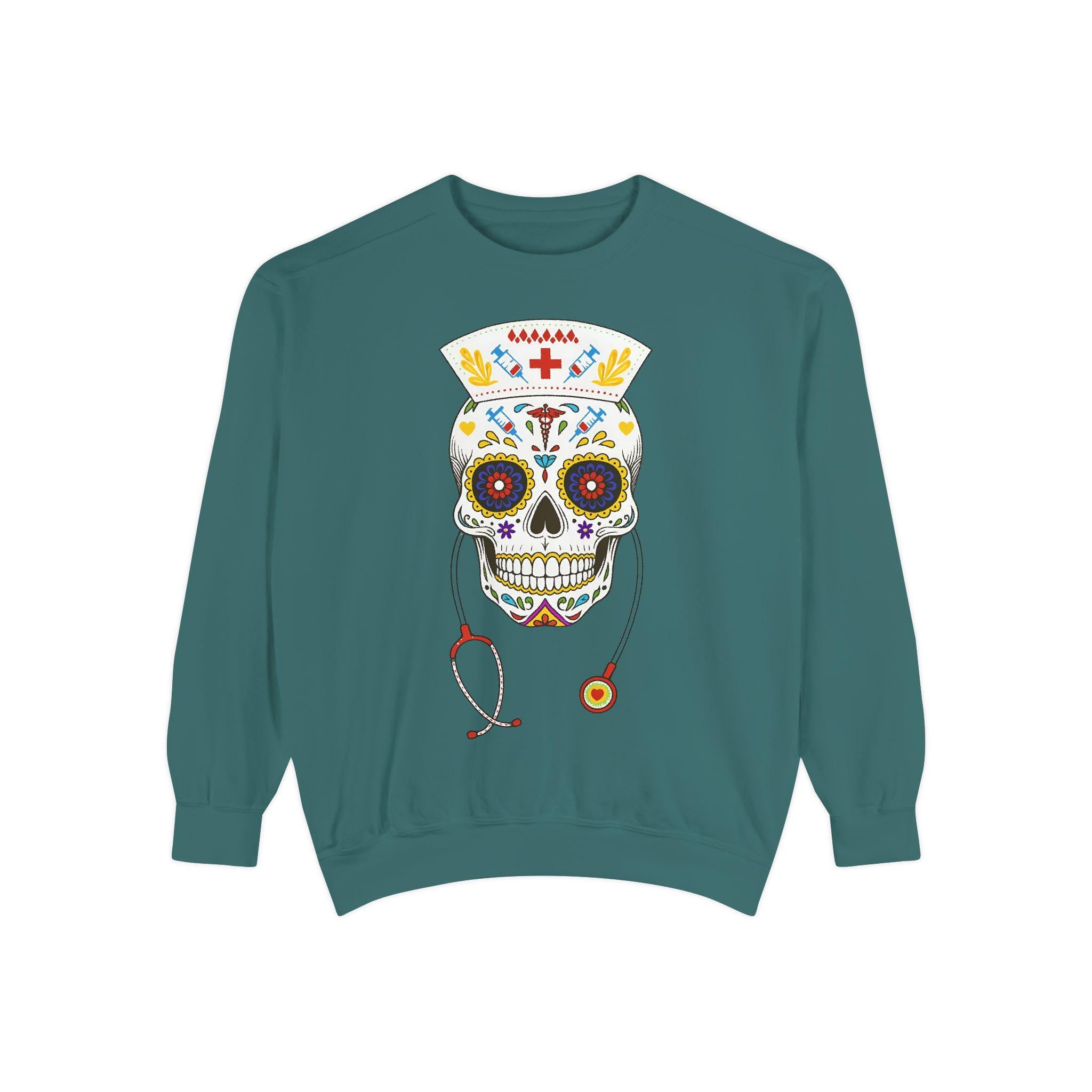 Halloween Nurse Skull Sweatshirt, Spooky RN Day of the Dead Top, Gothic Medical Fall Pullover, Retro Skeleton Apparel, Gift for Nurse