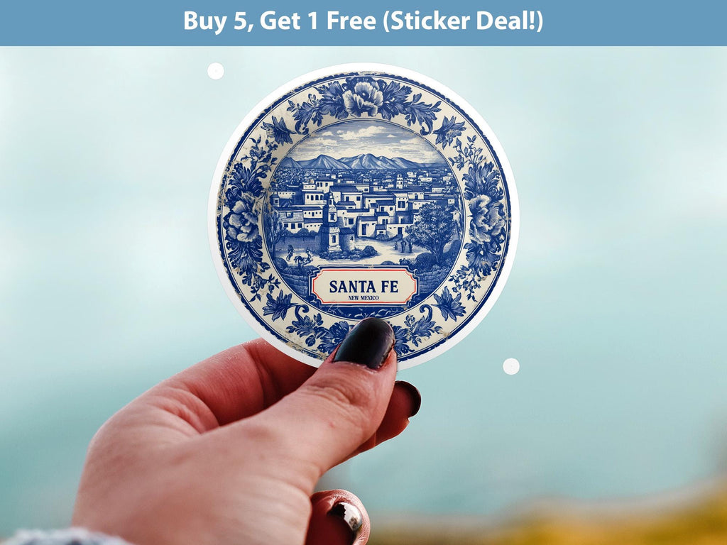 Santa Fe New Mexico Sticker Vintage Delft style, Delftware Decal Waterproof Vinyl, Blue City Travel