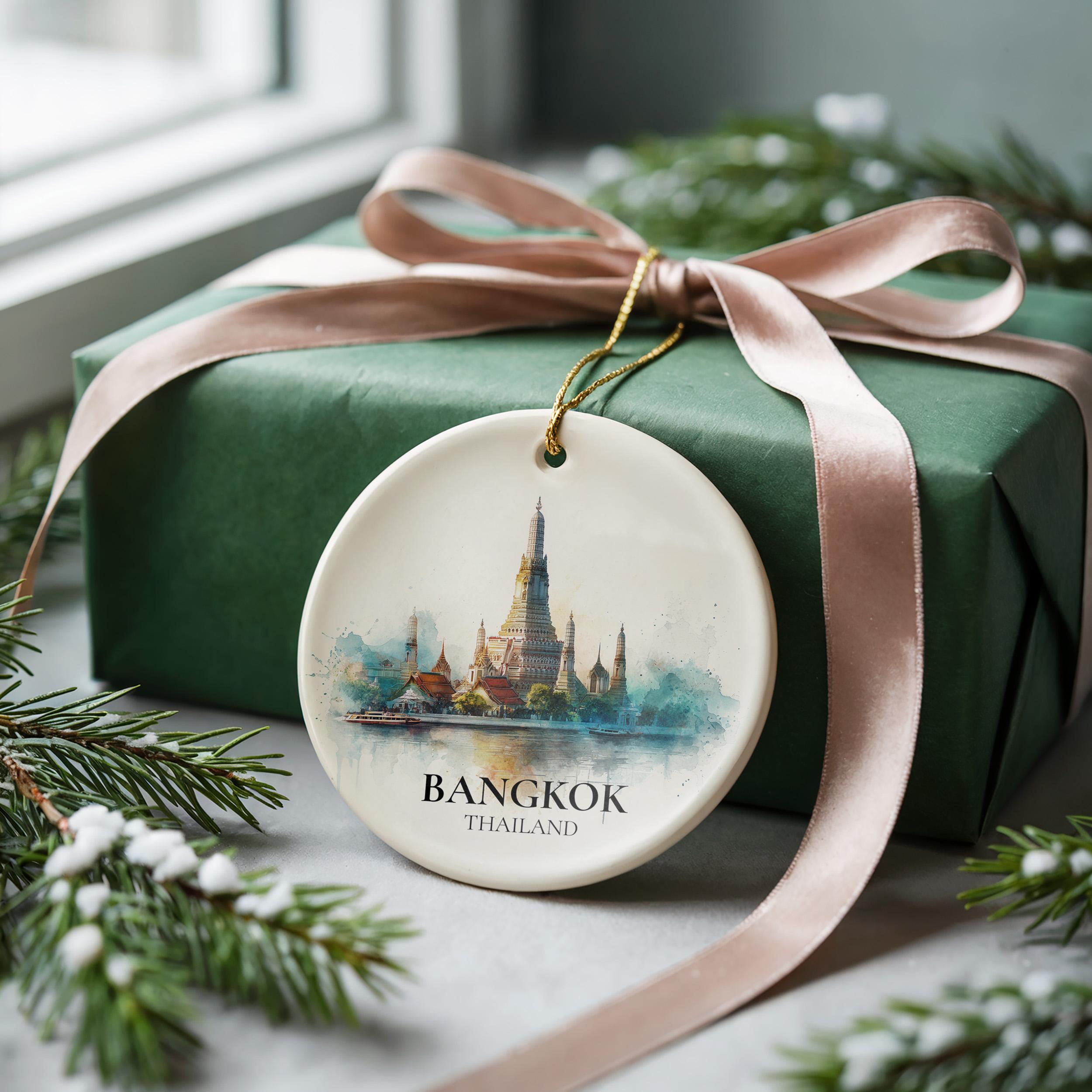 Bangkok Thailand Personalized Watercolor Ornament, Custom Ceramic Christmas gift, Travel Keepsake