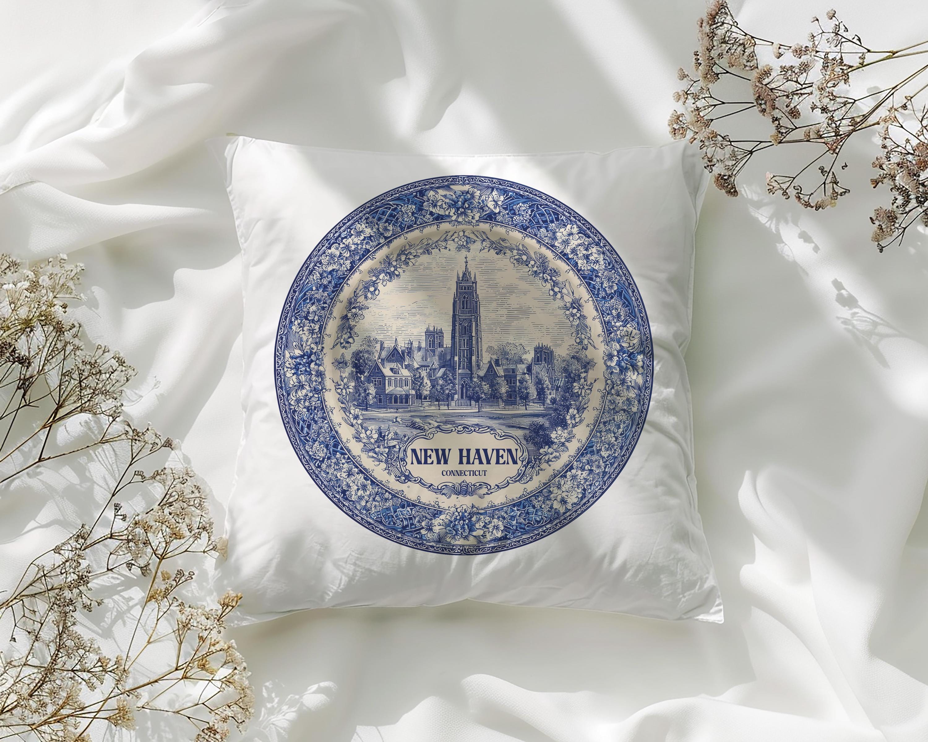 New Haven Connecticut Pillowcase, Delft Style Decorative Throw Pillow, Vintage Cityscape Retro Home Decor