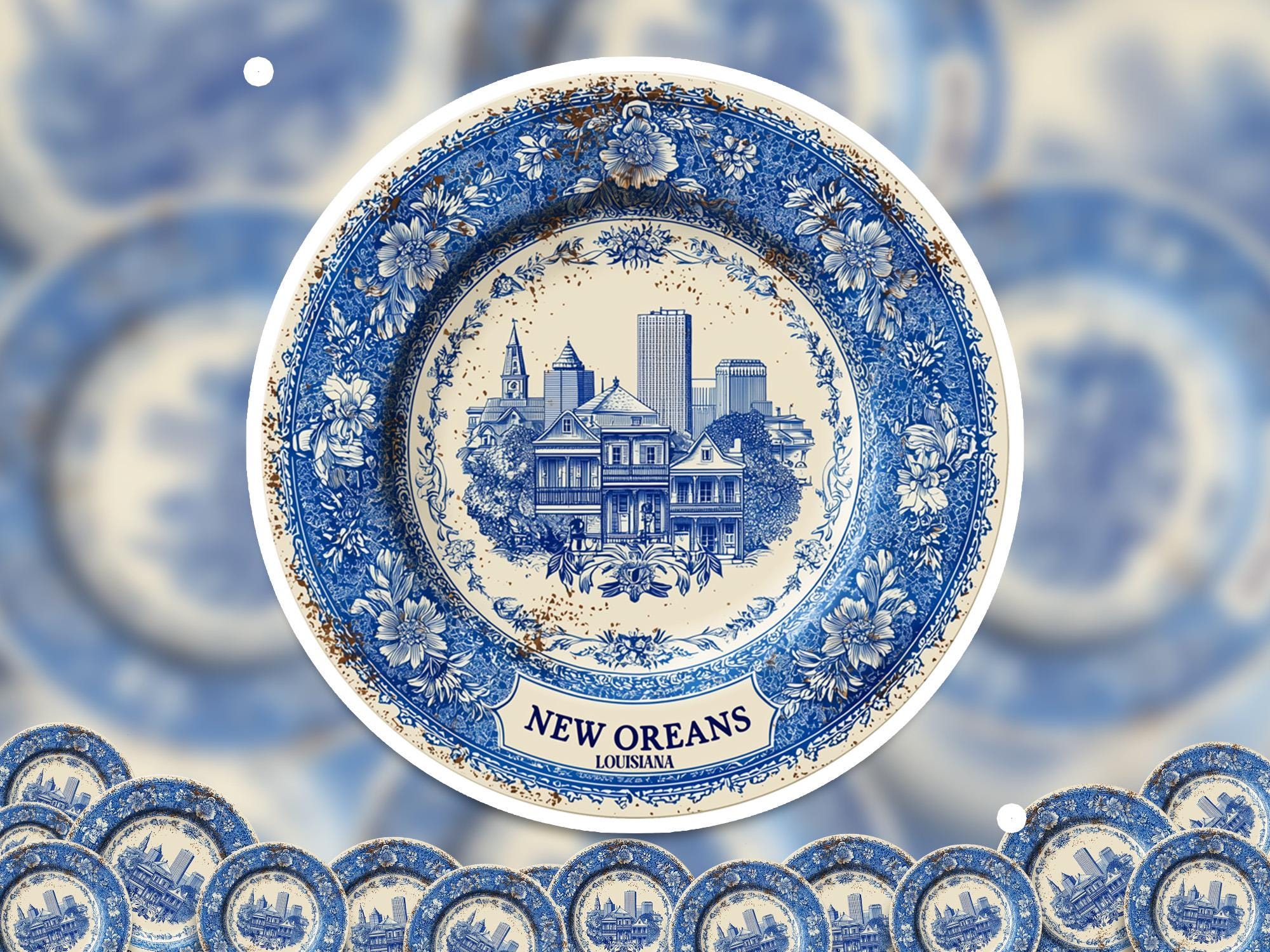 New Orleans Louisiana Sticker Vintage Delft style, Delftware Decal Waterproof Vinyl, Blue City Travel