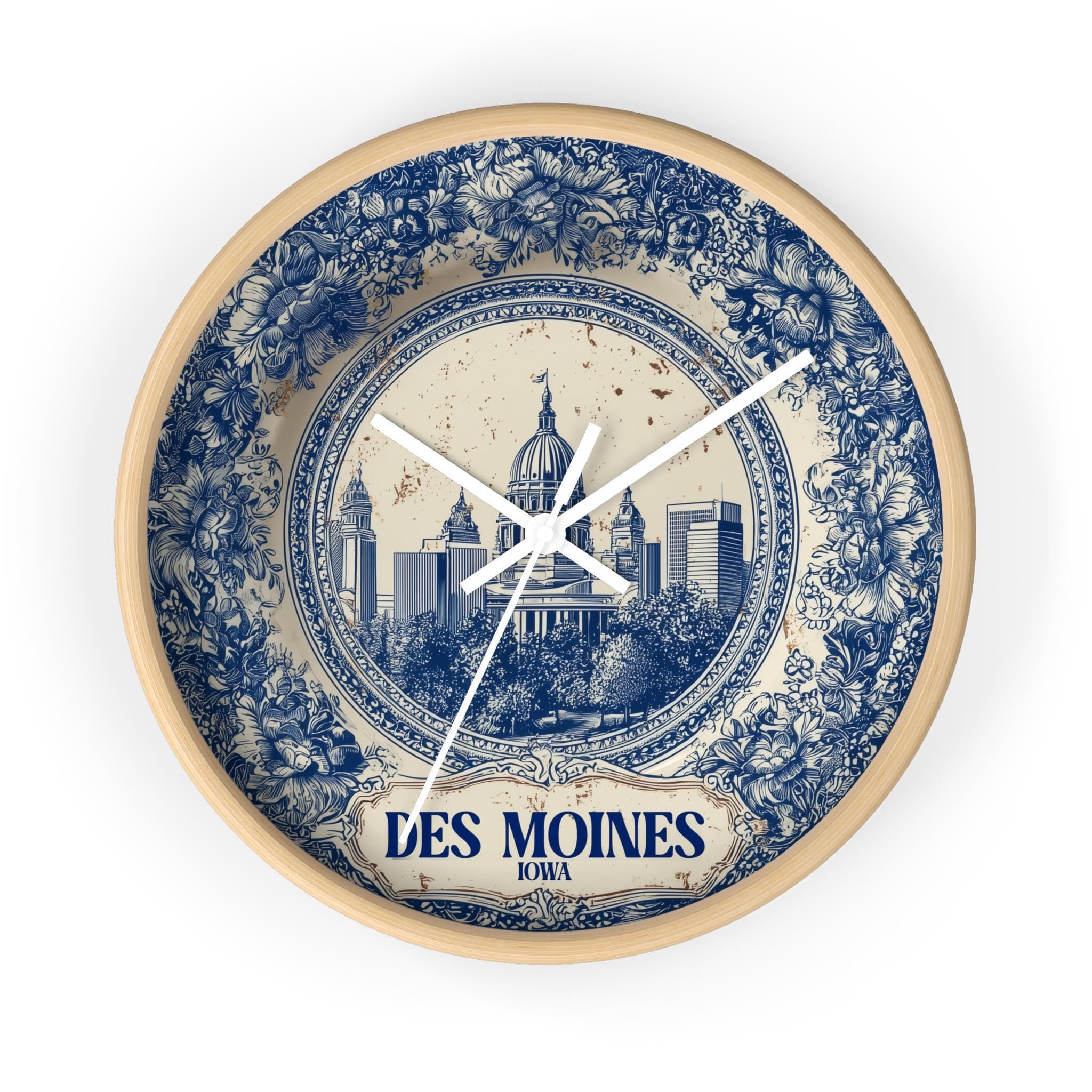 Des Moines Iowa Wall Clock, Delf style Home Decor, Vintage City Travel Keepsake Art
