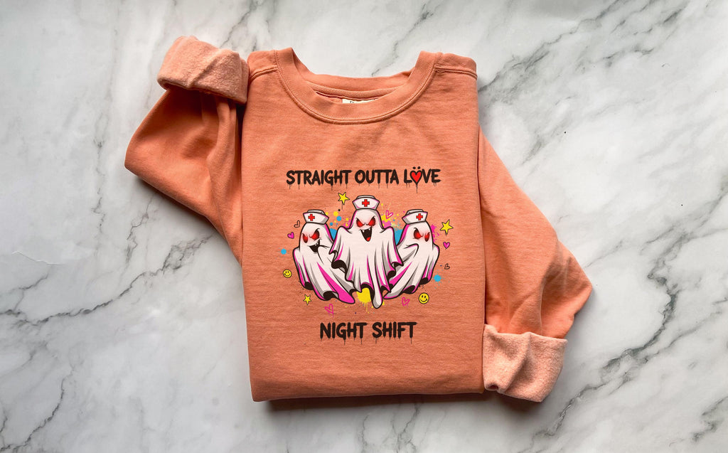 Night Shift Halloween Nurse Sweatshirt, Straight oughta love Spooky RN Fall Top Cozy Autumn Pullover, Cute Retro Gift for Nurse