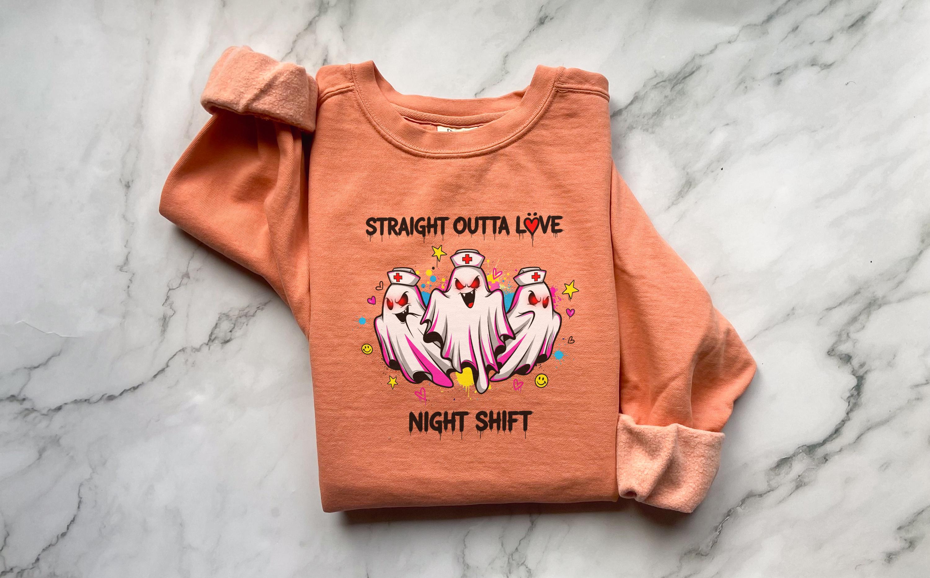 Night Shift Halloween Nurse Sweatshirt, Straight oughta love Spooky RN Fall Top Cozy Autumn Pullover, Cute Retro Gift for Nurse