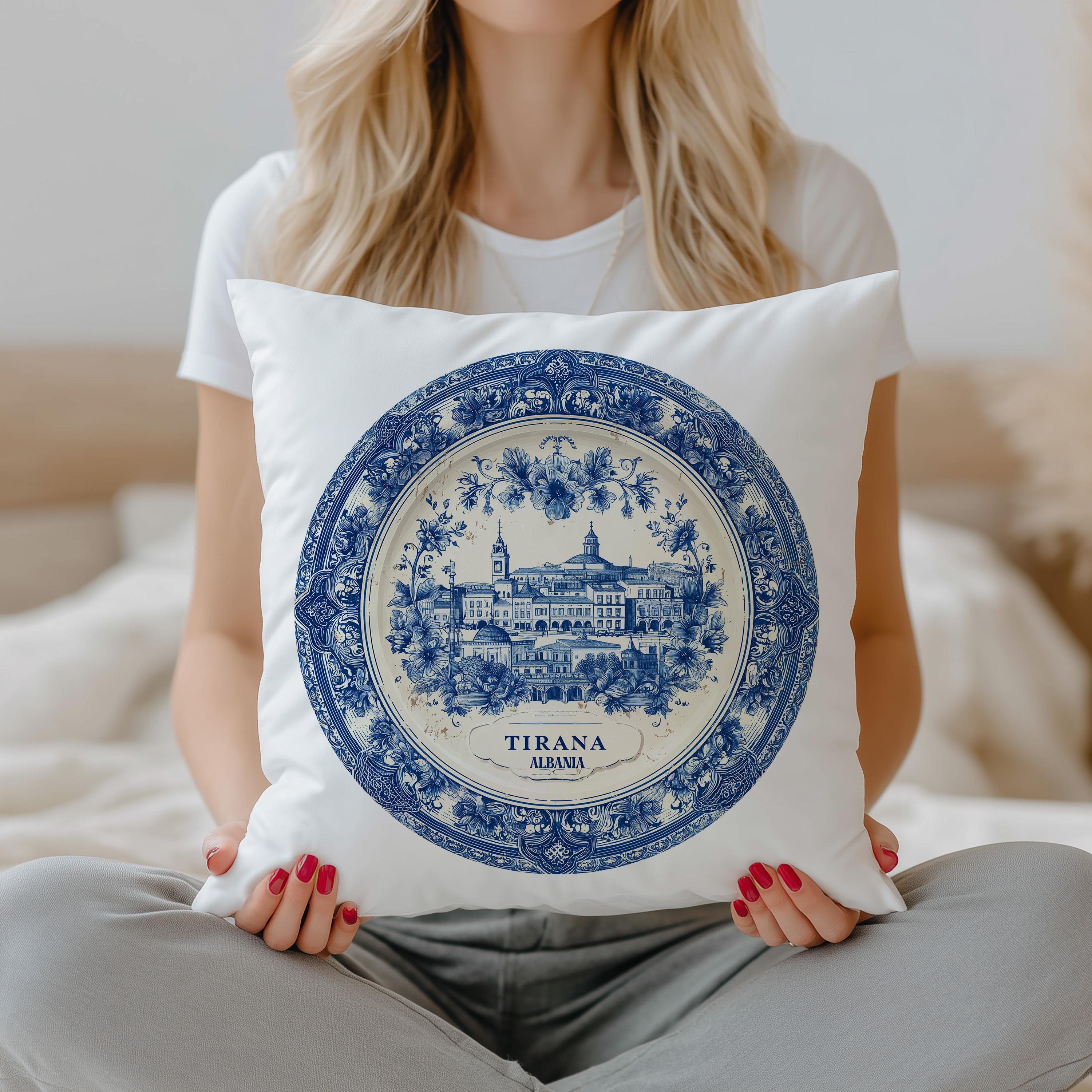 Tirana Albania Pillowcase, Delft Style Decorative Throw Pillow, Vintage Cityscape Retro Home Decor
