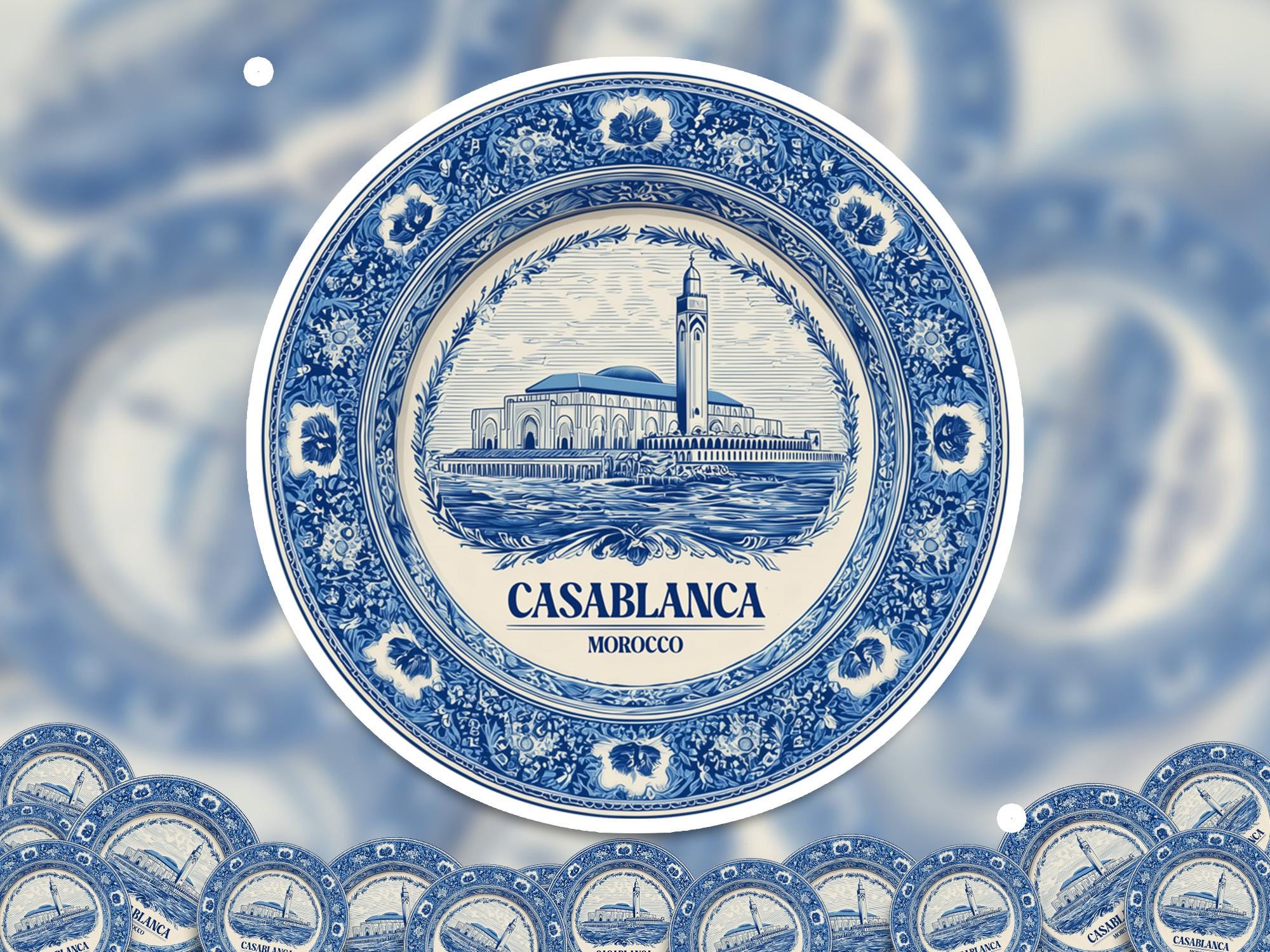 Casablanca Morocco Sticker Vintage Delft style, Delftware Decal Waterproof Vinyl, Blue City Travel