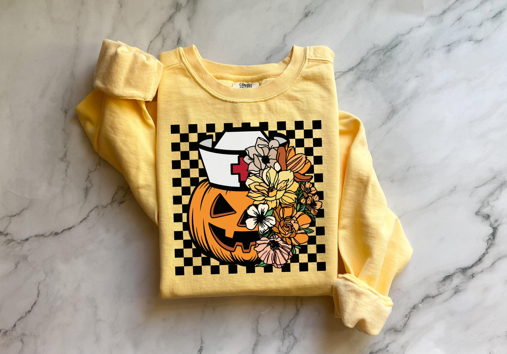 Floral Scary pumpkin, Halloween Nurse Sweatshirt, Spooky RN Fall Top, Funny Apparel, Cozy Autumn Pullover, Cute Retro Gift for Nurse