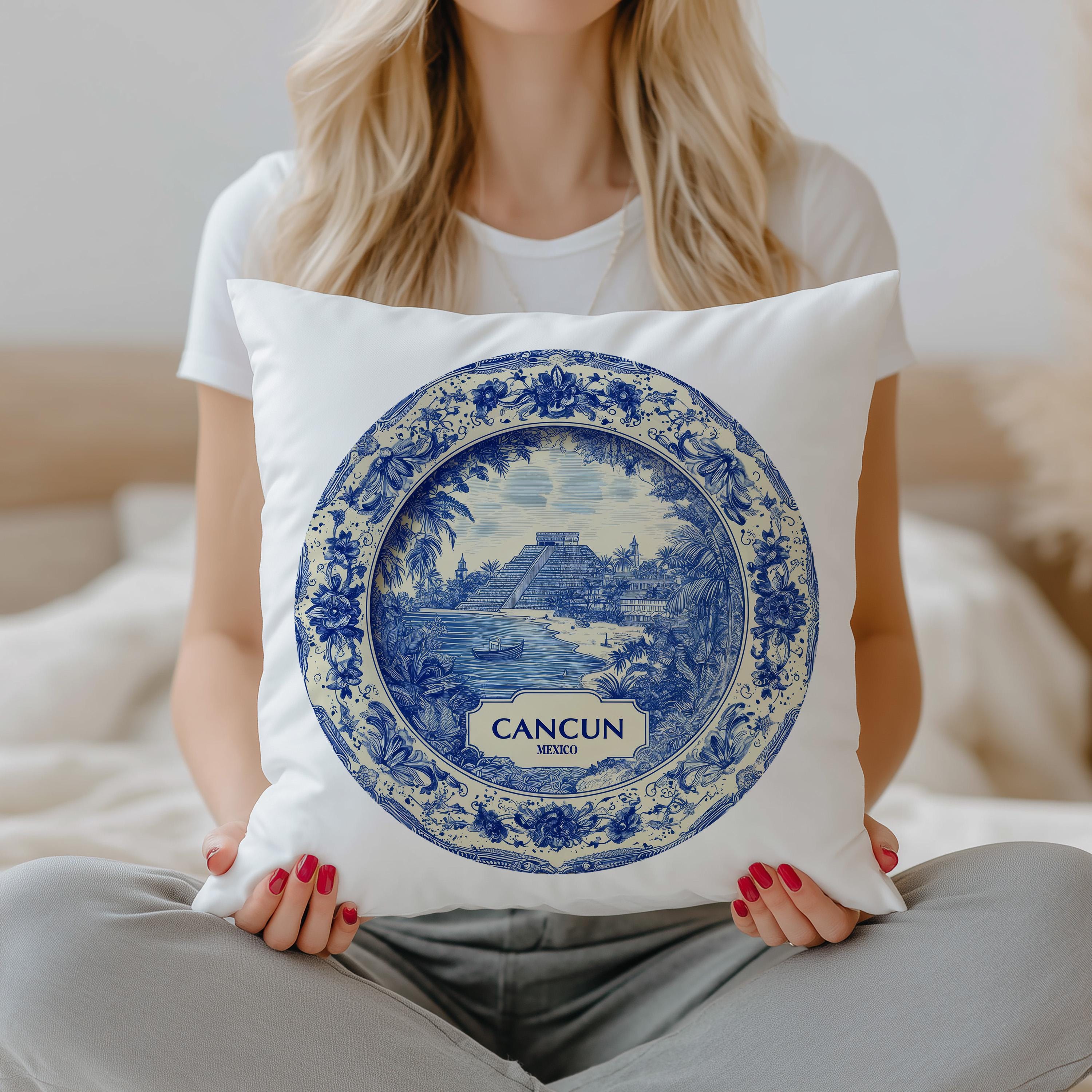 Cancun Mexico Pillowcase, Delft Style Decorative Throw Pillow, Vintage Cityscape Retro Home Decor
