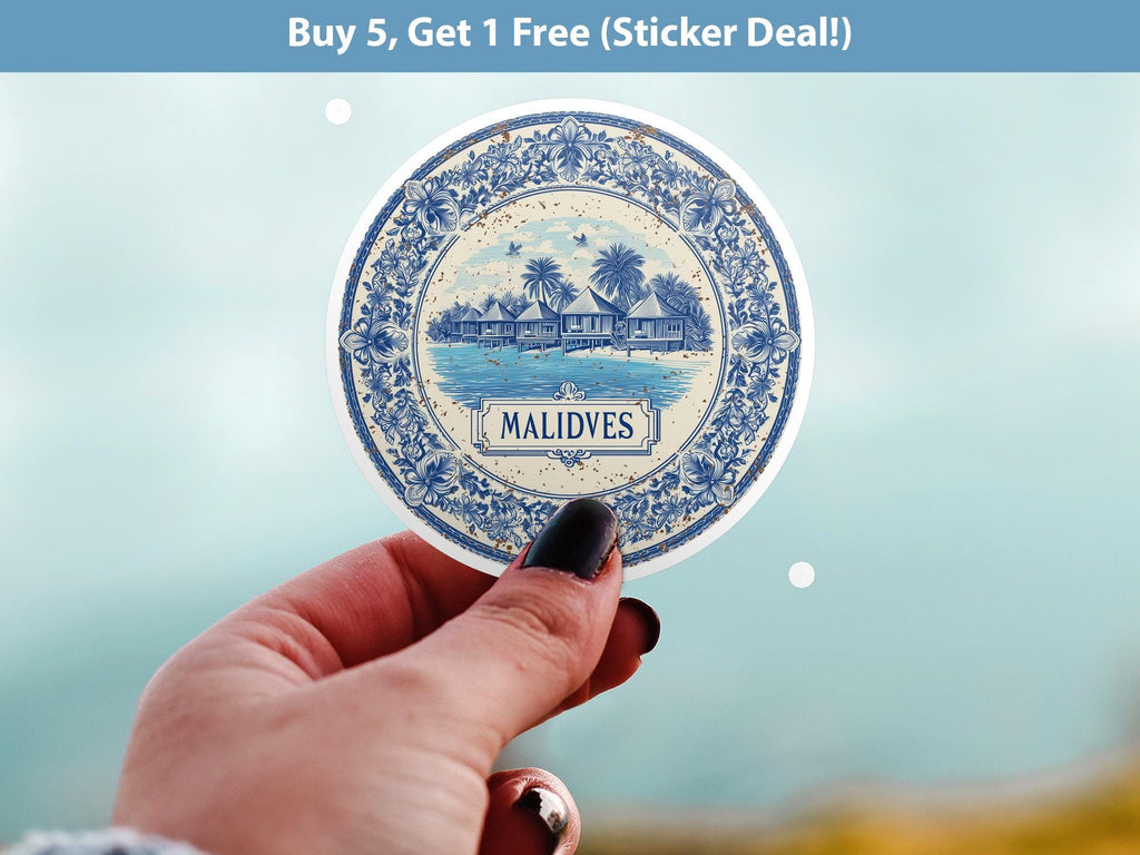 Maldives Sticker Vintage Delft style, Delftware Decal Waterproof Vinyl, Blue City Travel
