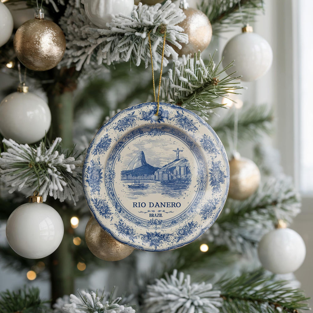 Custom Rio de Janeiro Brazil Ceramic Delft Ornament, Christmas Delftware Blue Delftware city travel